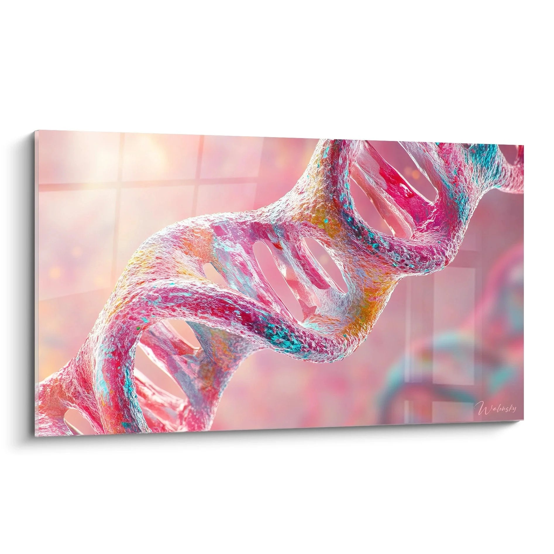 Wandbild DNA Doppelhelix in Rosa und Türkis, moderne Genetik Kunstdarstellung für Wand