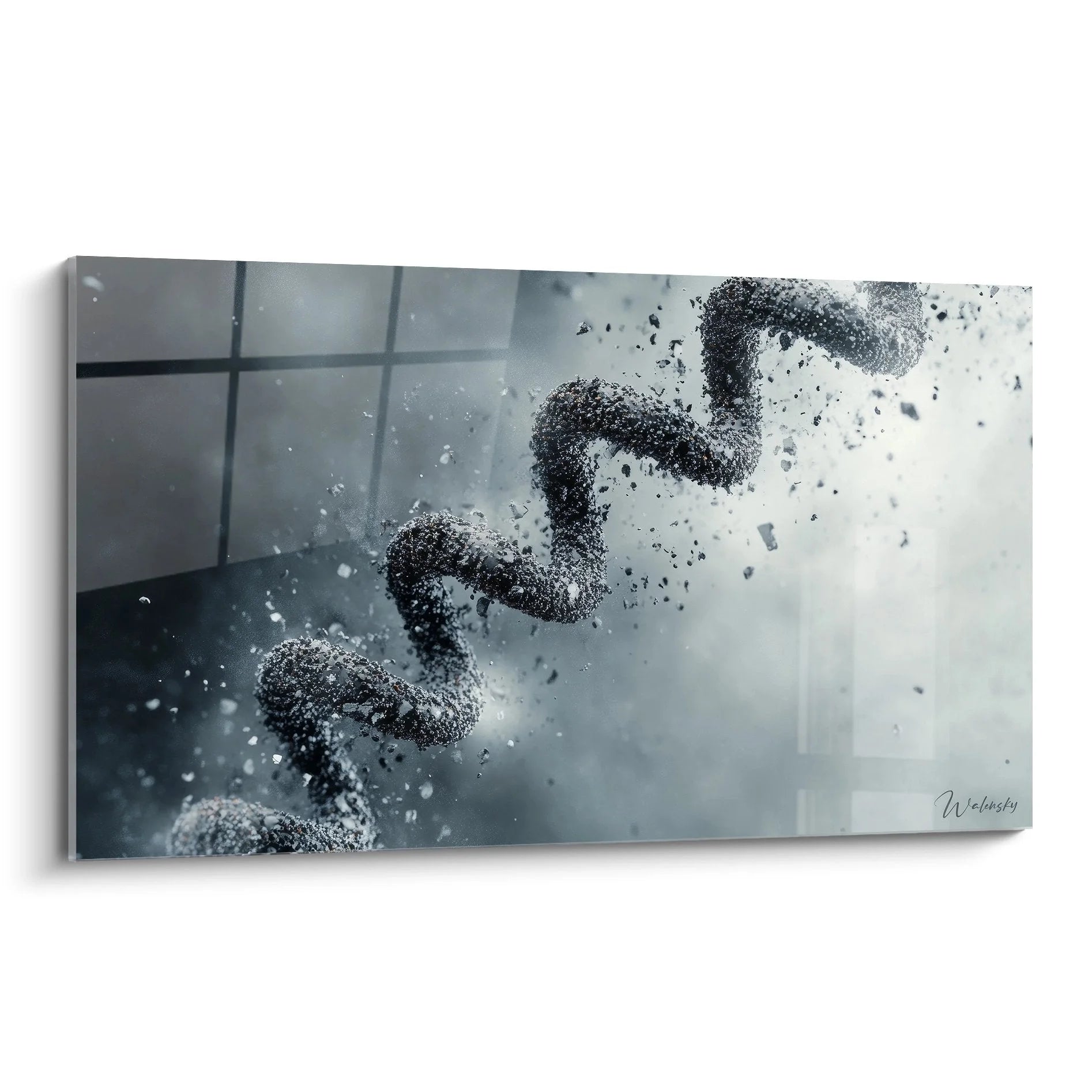 Wandbild DNA-Helix schwarz-weiß mit sich auflösenden Molekülen in dynamischer Darstellung