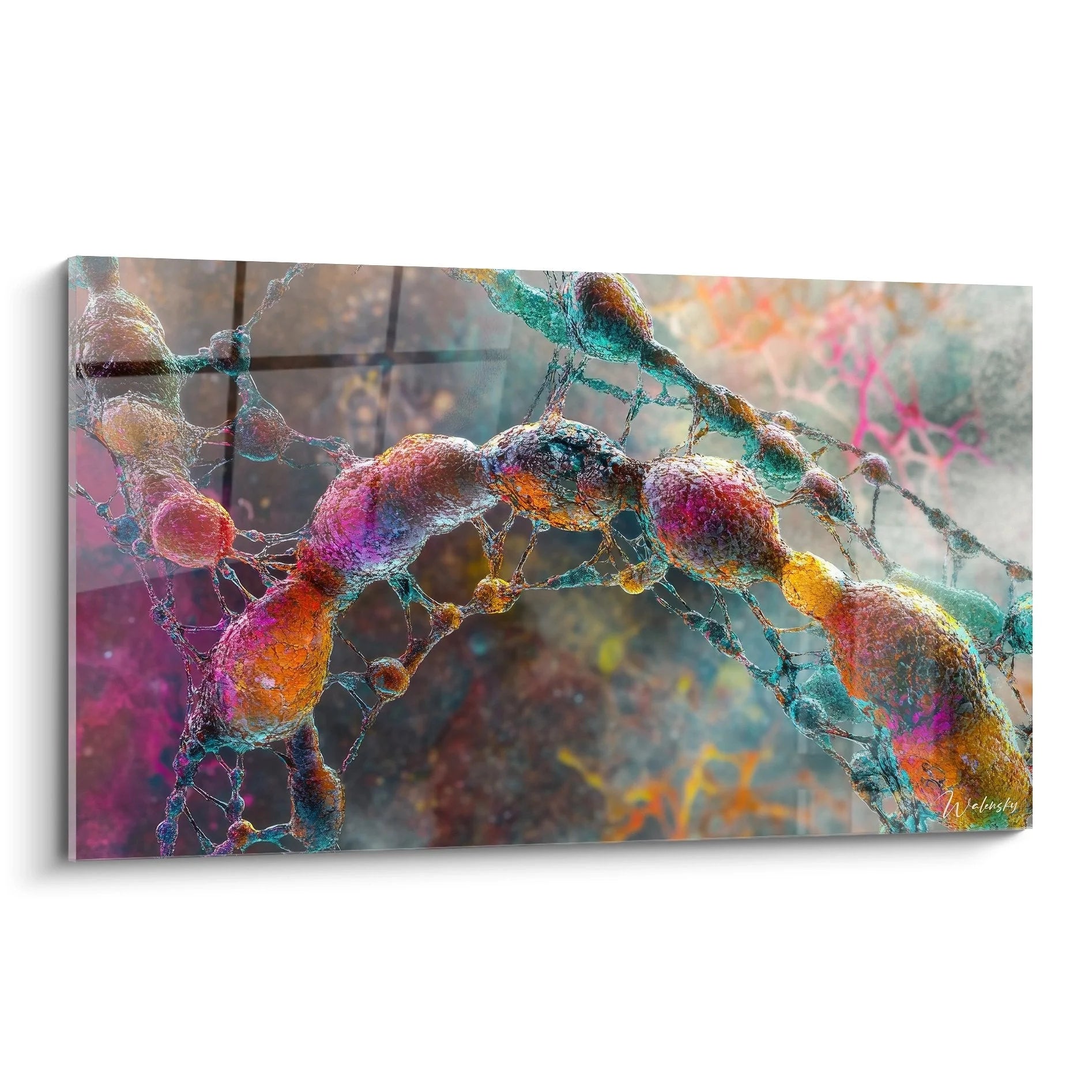 Wandbild DNA Molekülstrukturen mit bunten genetischen Verbindungen und irisierenden Elementen