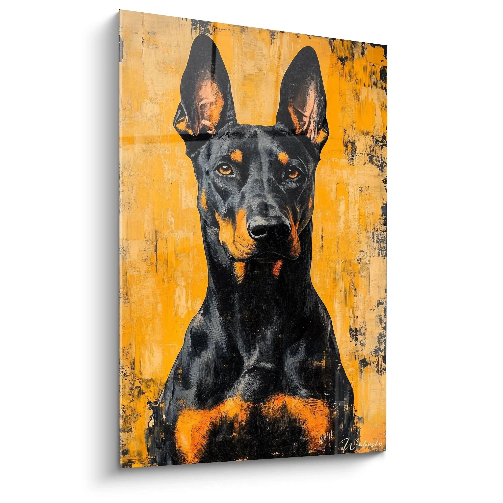 Wandbild Dobermann schwarz braun vor orangem Vintage Hintergrund - Edition Hund Kunstdruck XXL