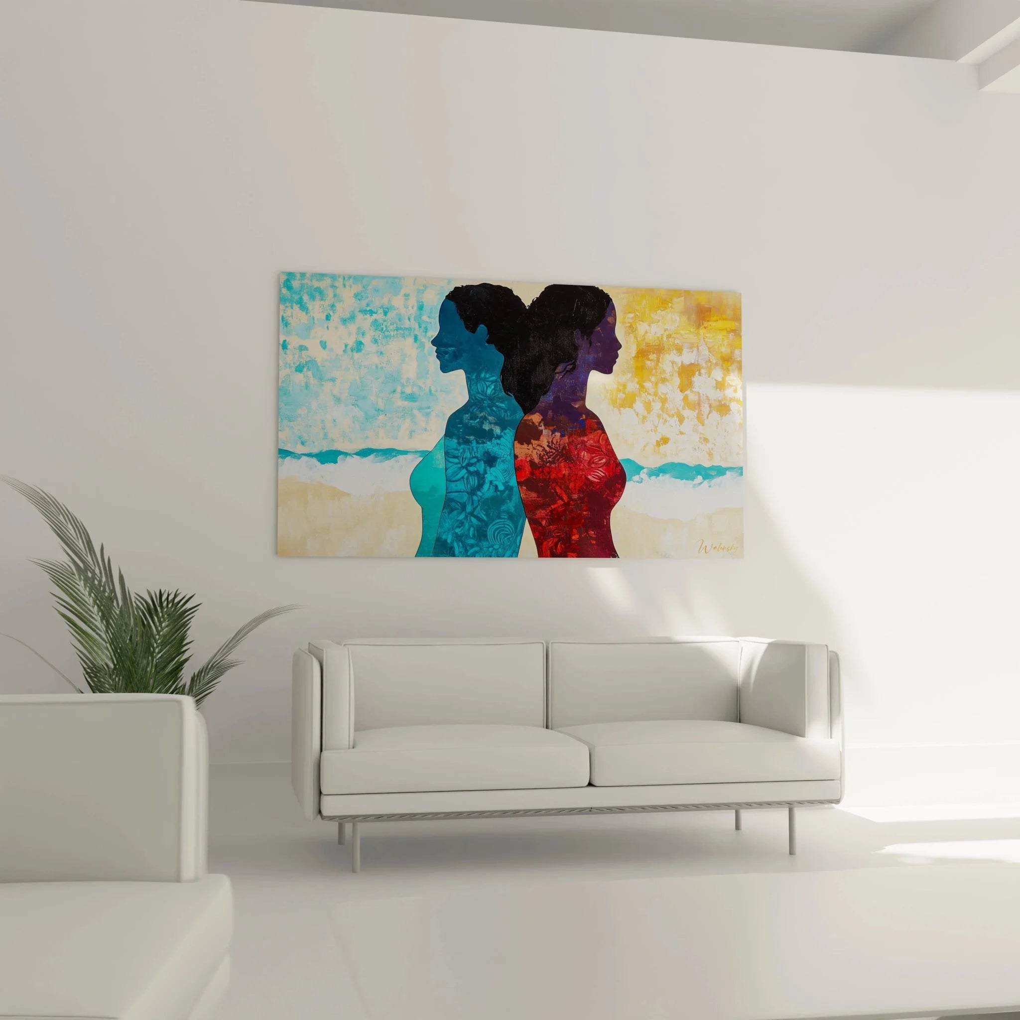 Detailansicht Wandbild Doppelsilhouette mit floralen Mustern und warmen Farbtönen im Gauguin Stil