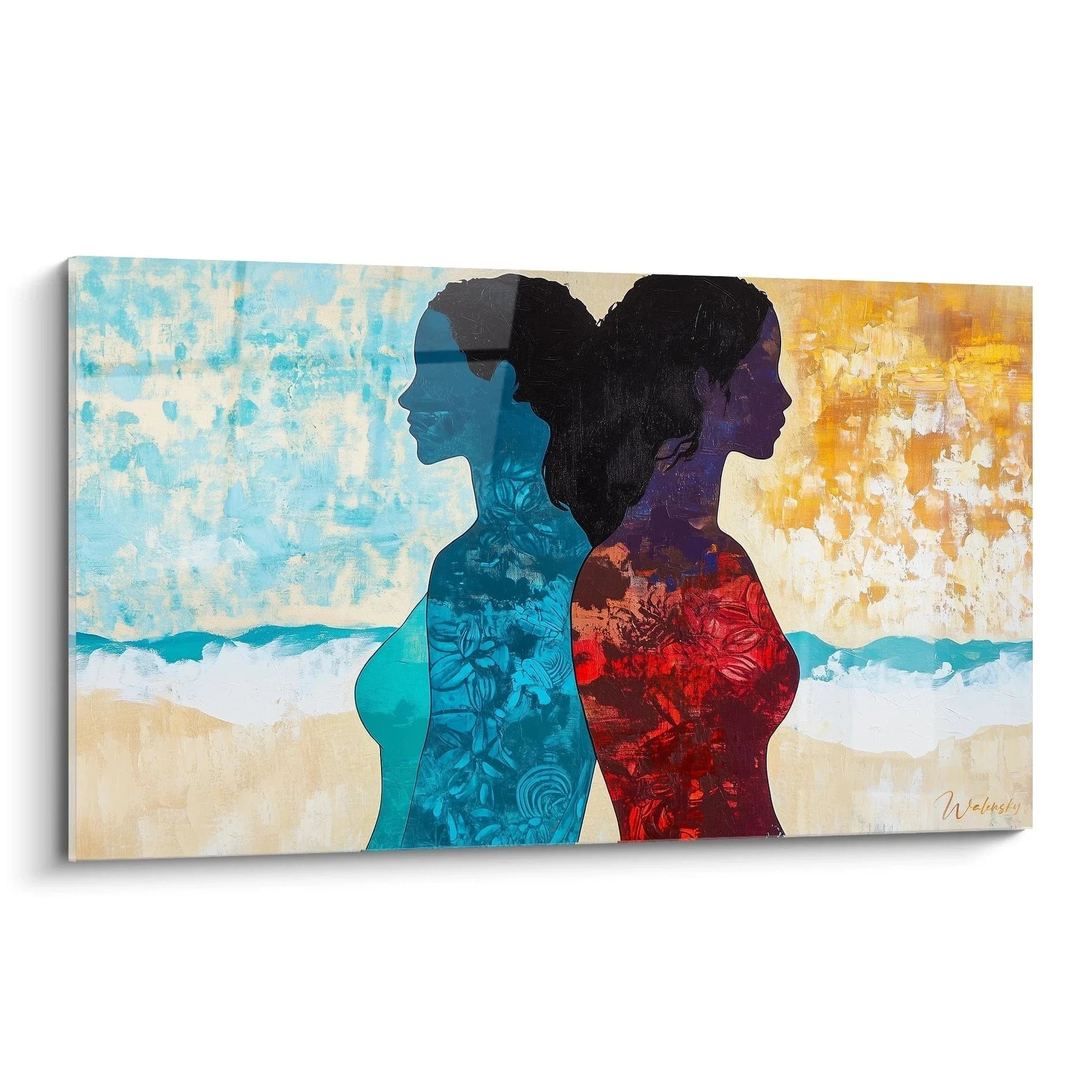 Wandbild Doppelsilhouette Ozean Paul Gauguin Stil mit blauen und roten Figuren vor Strandkulisse