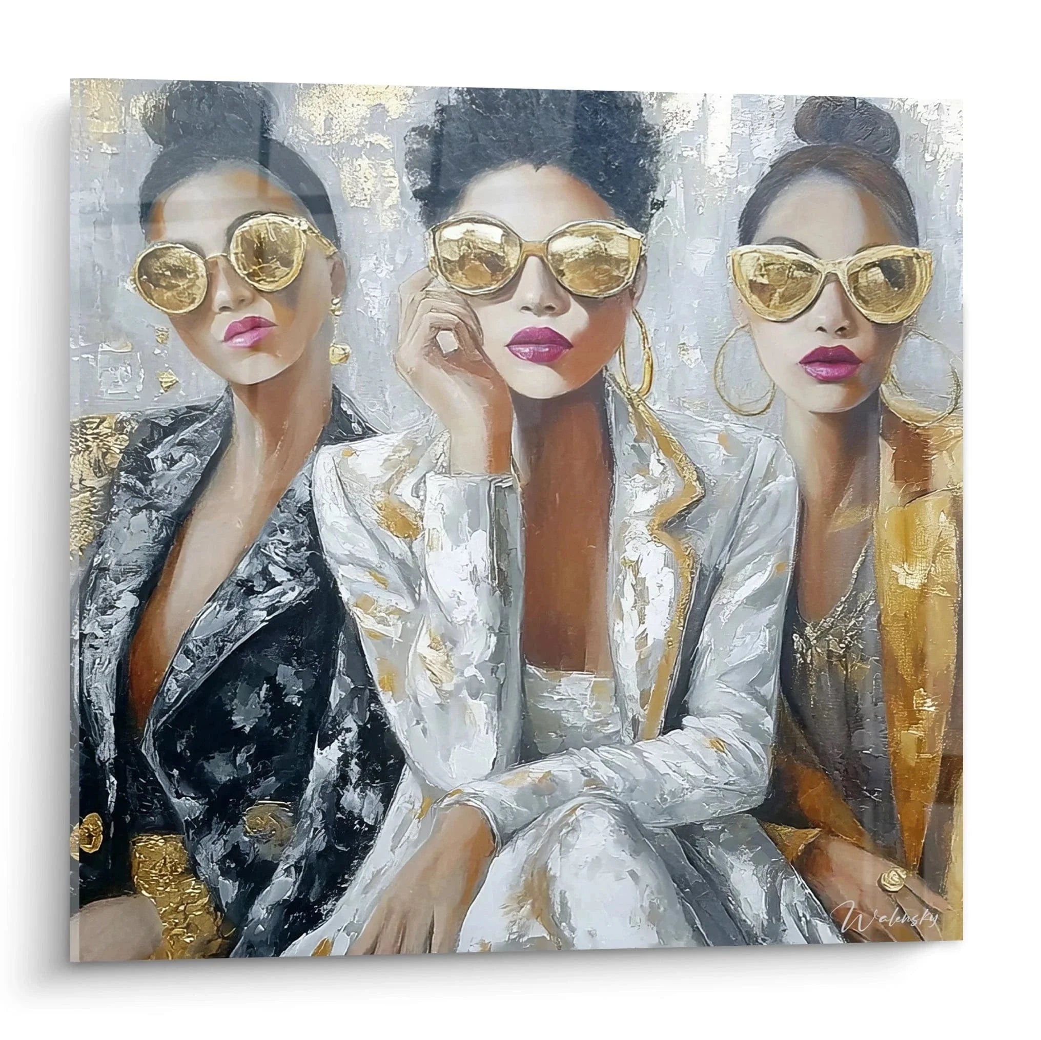 Wandbild drei elegante Frauen mit goldenen Sonnenbrillen in Streetwear Jacken, moderne Wanddekoration