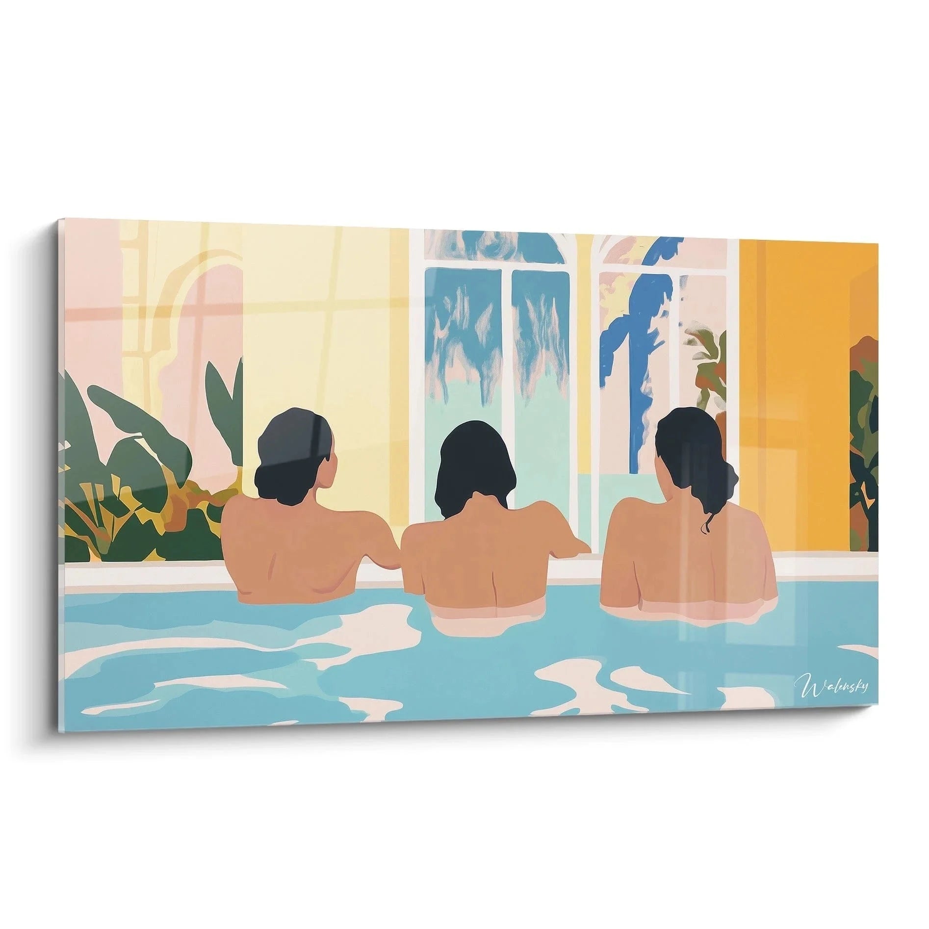 Wandbild XXL drei Frauen im Pool entspannen vor Panoramafenster moderne Kunst Ingres Stil