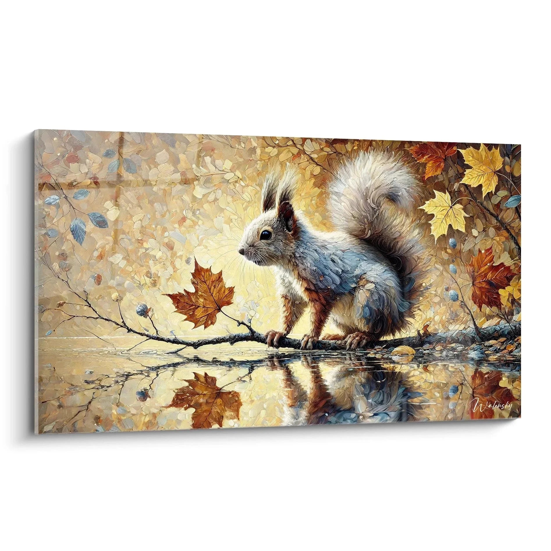 Wandbild Eichhörnchen mit Herbstlaub und Wasserspiegelung als natürliche Wanddekoration