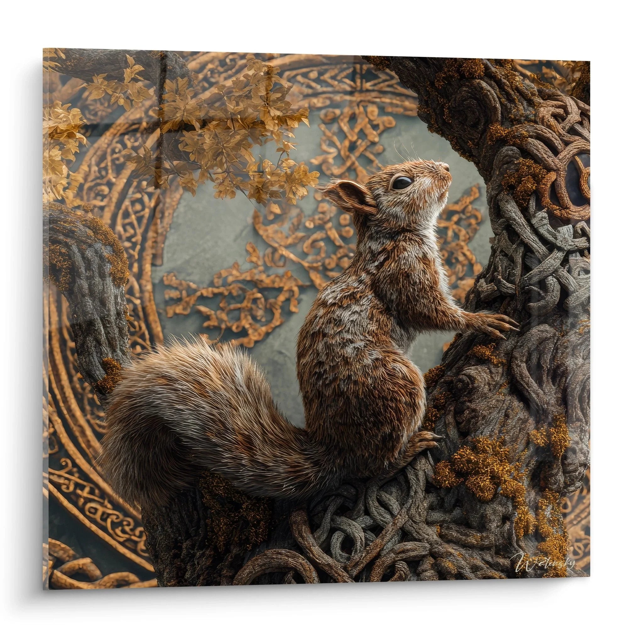 Wandbild Eichhörnchen mit keltischen Ornamenten und goldenen Wurzelmustern - mystische Naturkunst