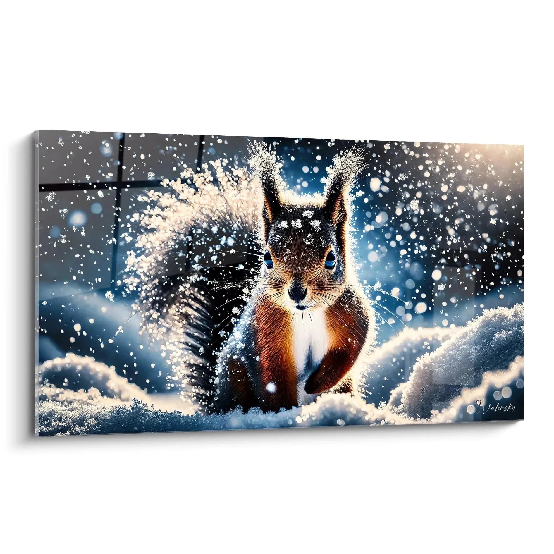 Wandbild Eichhörnchen im dramatischen Schneesturm mit wirbelnden weißen Flocken und blauen Augen