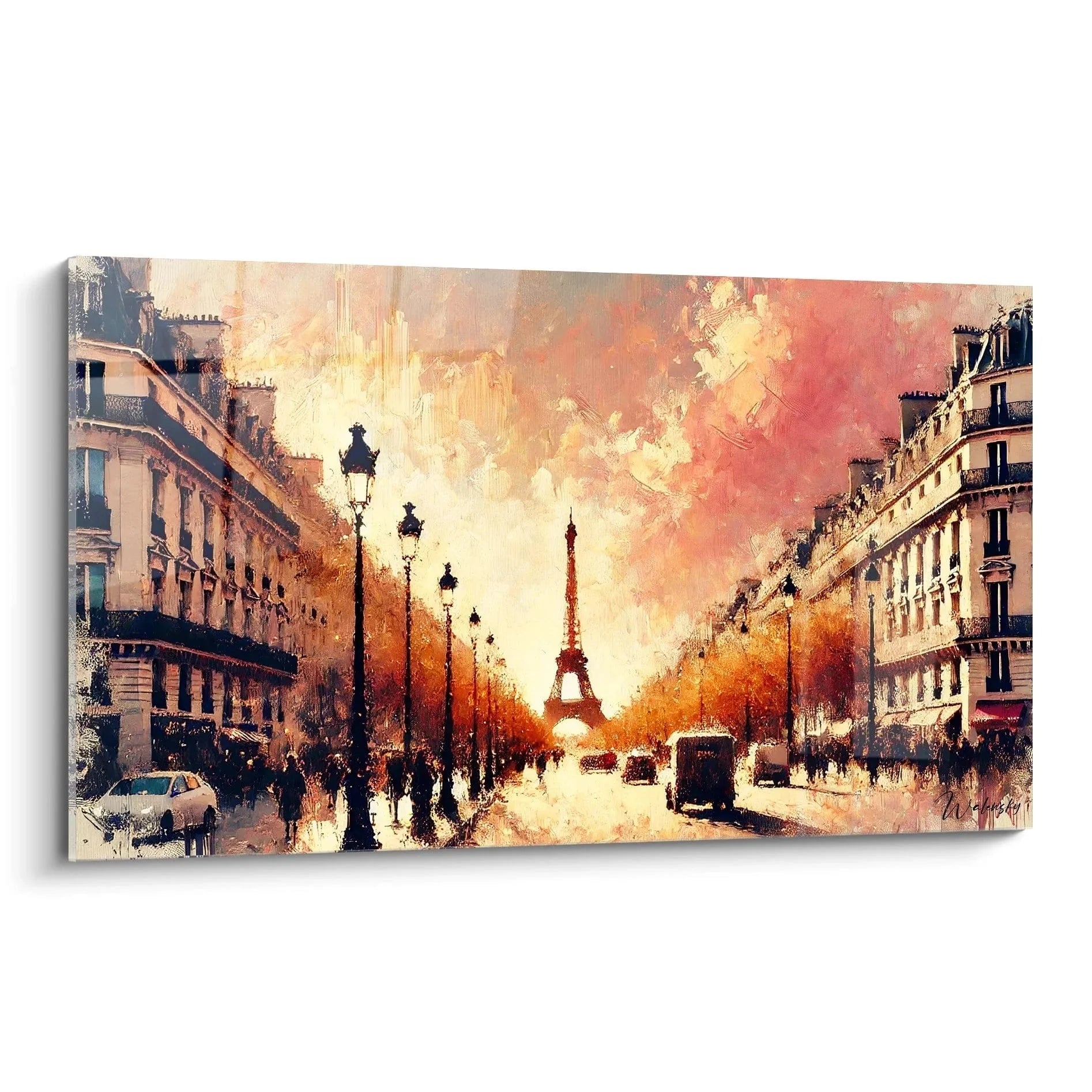 Wandbild Eiffelturm mit Pariser Boulevard bei Sonnenuntergang in warmen Orangetönen