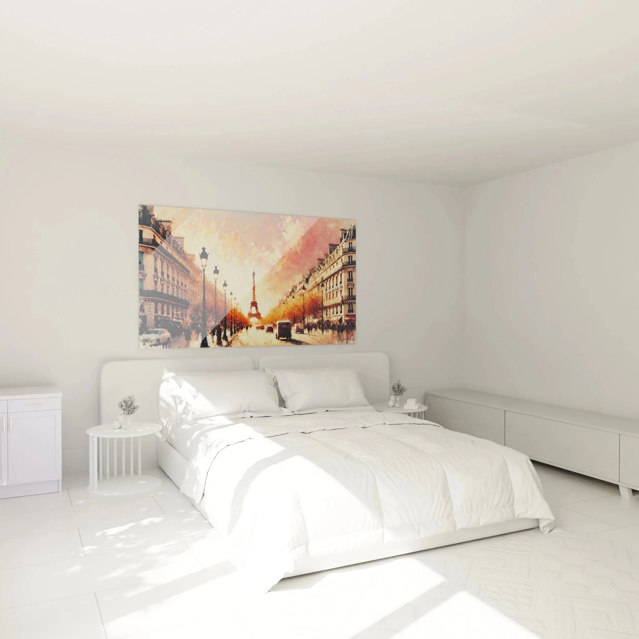Wandbild Paris Boulevard Eiffelturm als Wanddekoration im modernen Schlafzimmer