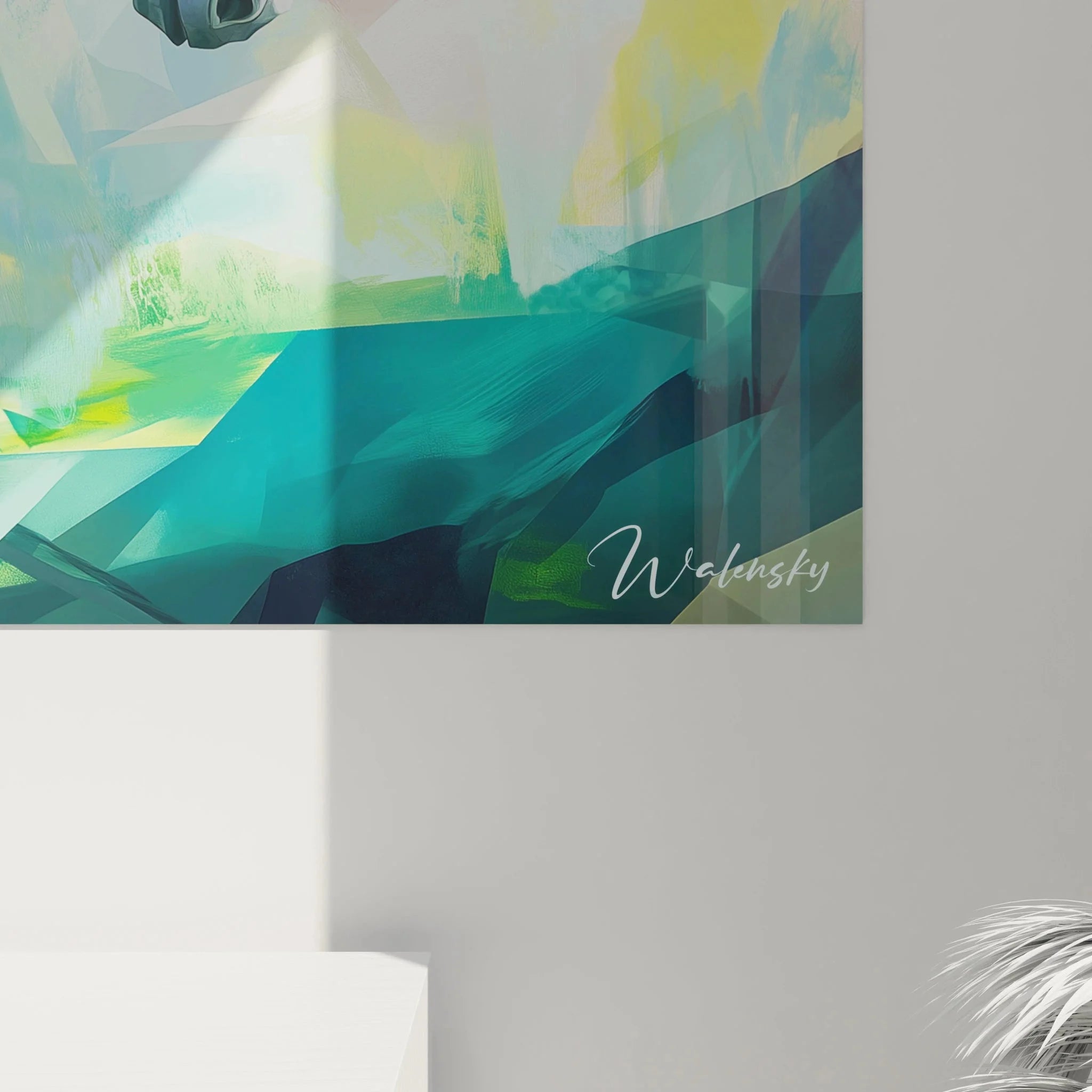 Wandbild Einhorn Gesamtansicht - geometrische Komposition in Grün-Türkis Paul Gauguin Stil