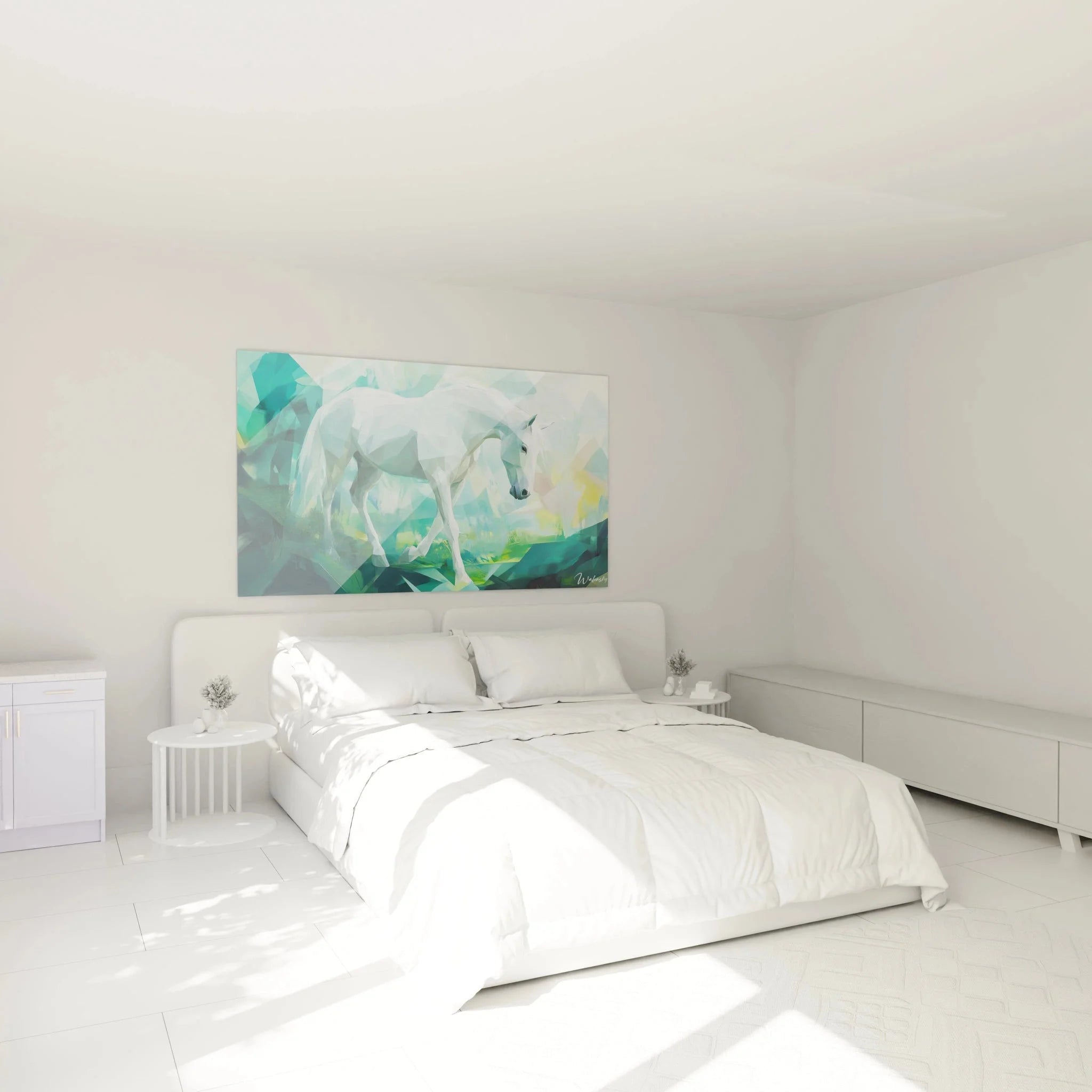 Wandbild Einhorn geometrisch als Schlafzimmer Deko - türkise Wandkunst in modernem Ambiente