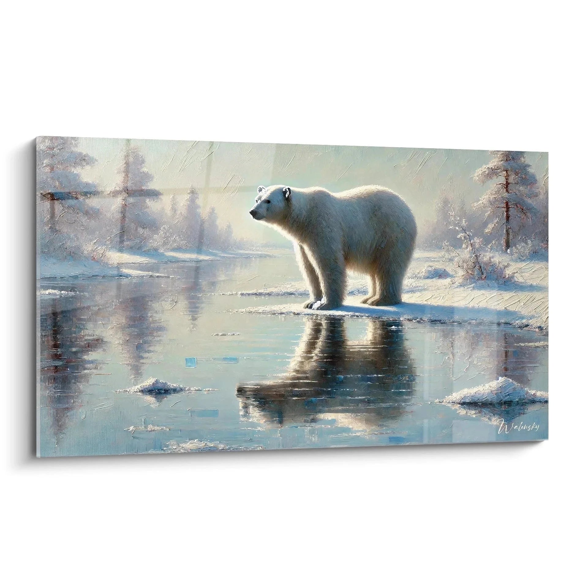 Wandbild Eisbär am Eisrand mit Spiegelung im Wasser, arktische Winterlandschaft Kunstdruck