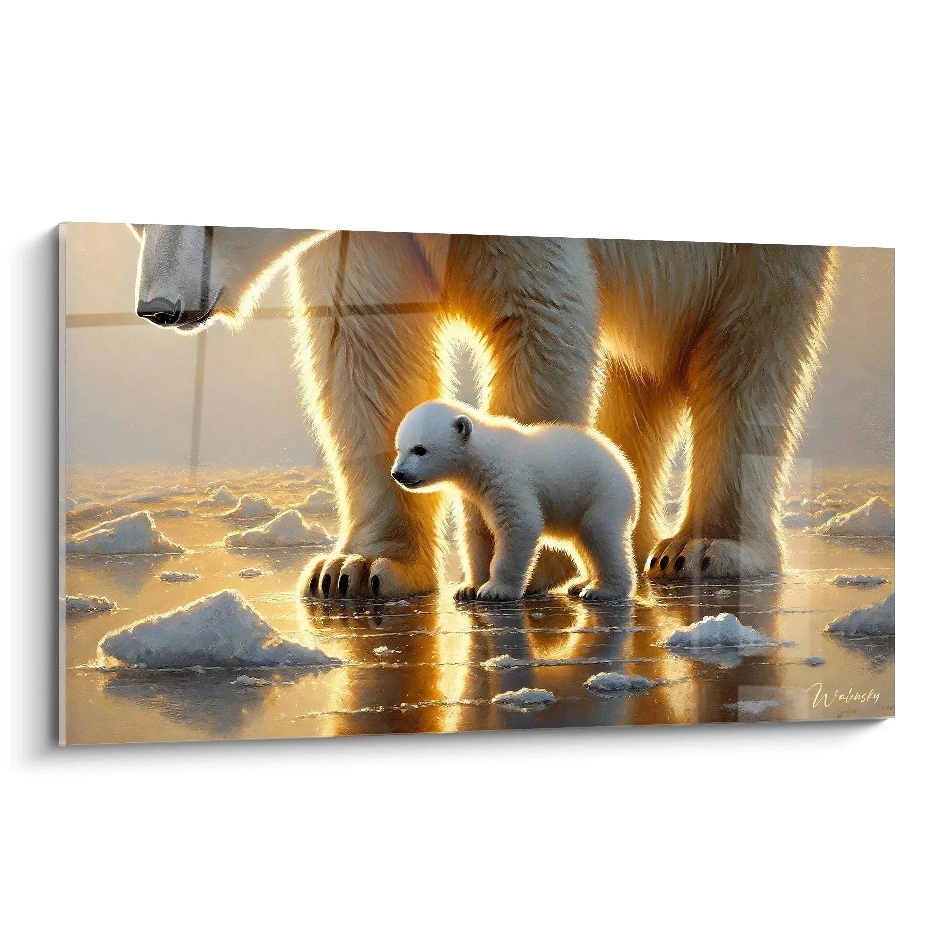 Wandbild Eisbär Familie mit Baby im goldenen Sonnenlicht auf Eisscholle, Edition Eisbär Premium Wanddeko
