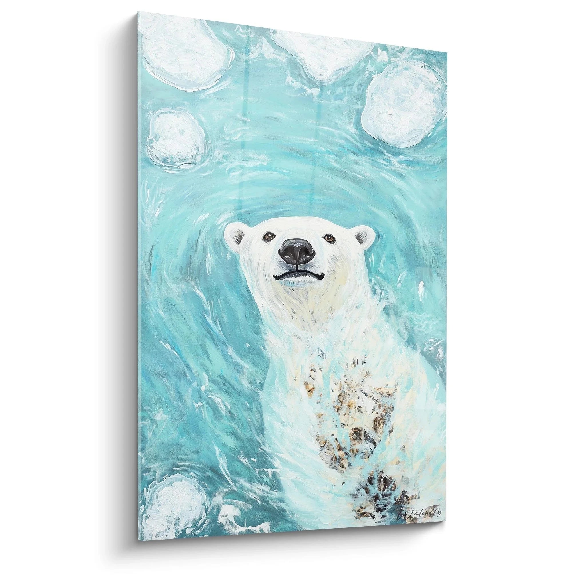 Wandbild schwimmender Eisbär in türkisblauem Wasser, Unterwasserperspektive, Edition Eisbär Leinwandkunst