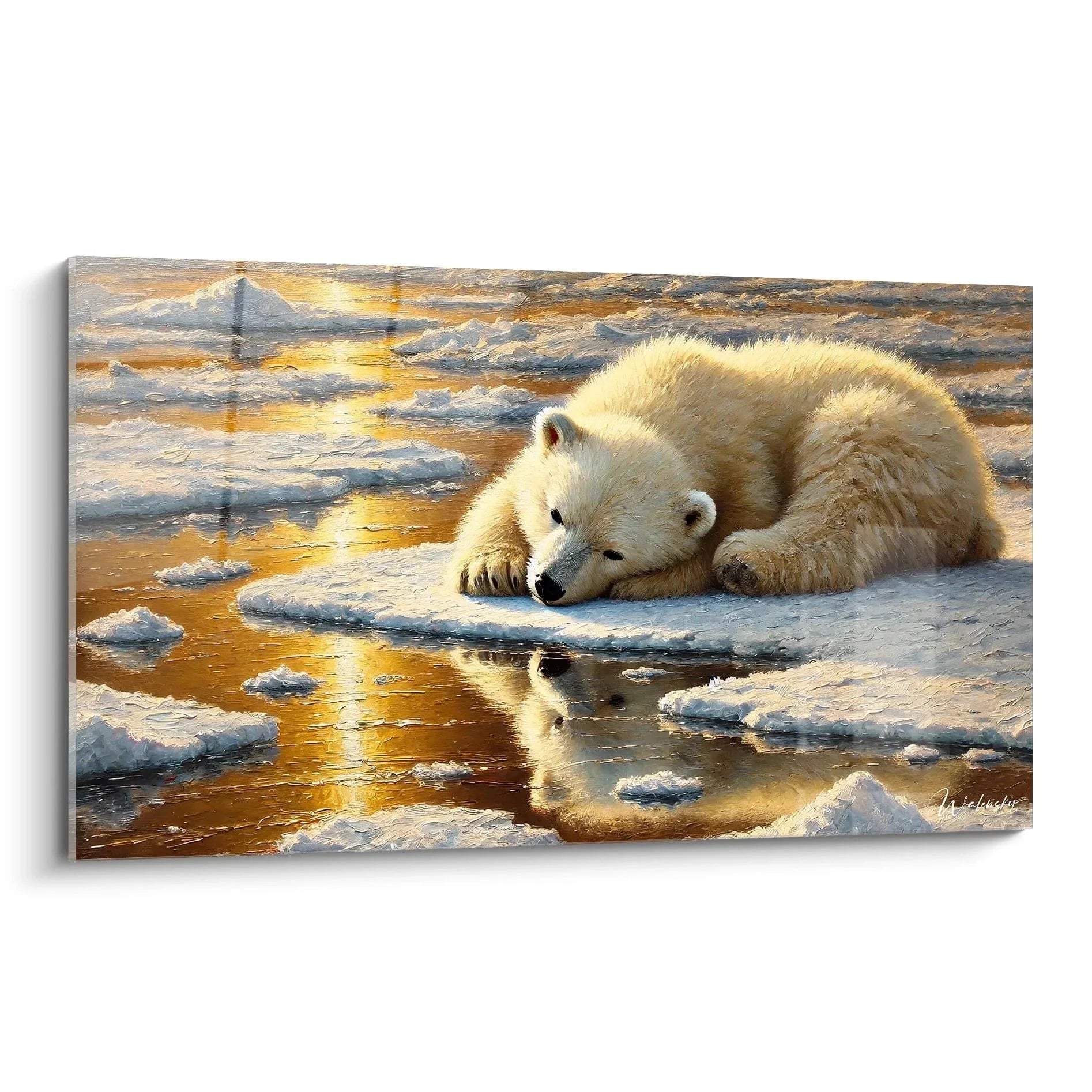 Wandbild Eisbär schlafend auf Eisscholle bei Sonnenuntergang mit goldenen Reflexionen auf Wasser