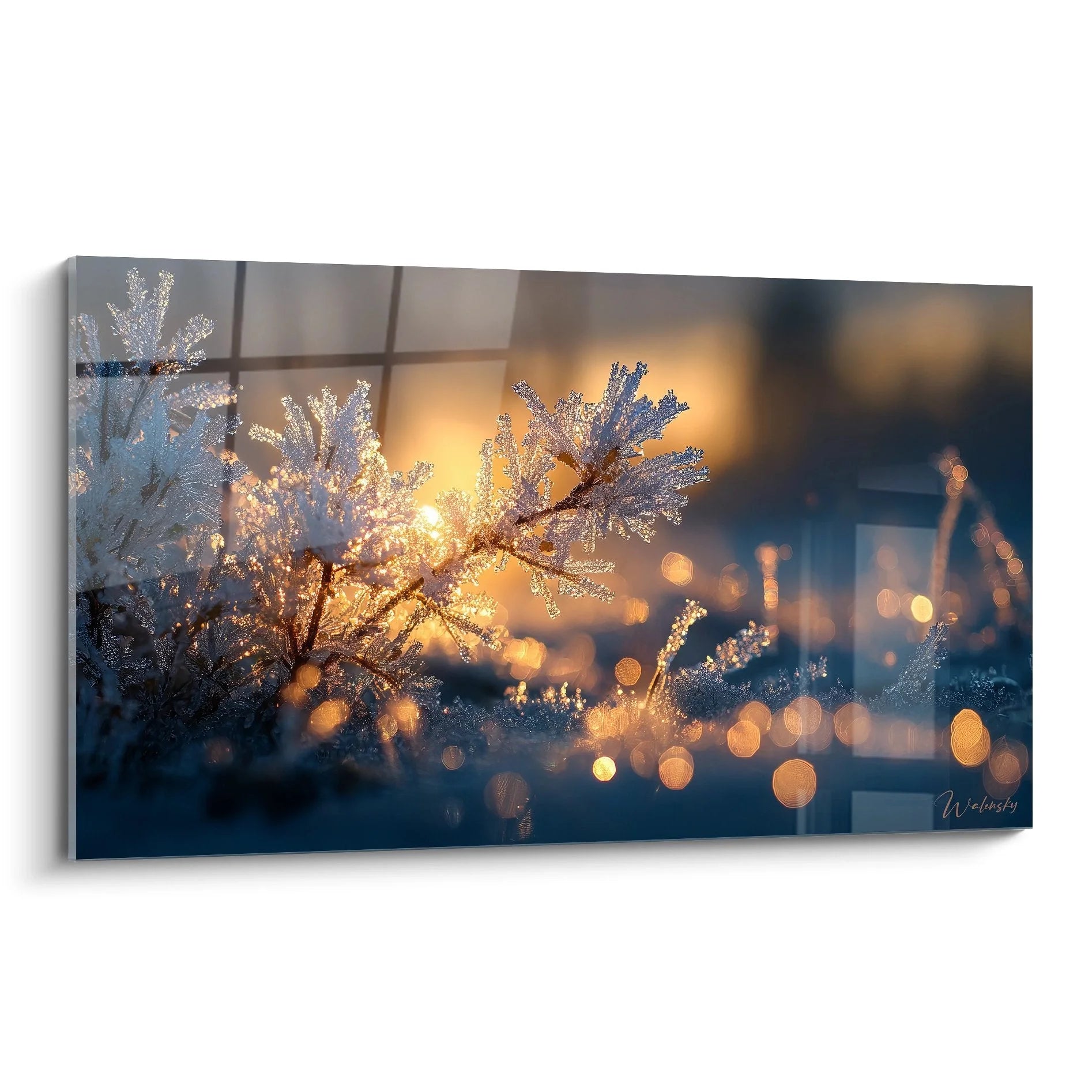 Wandbild XXL Eiskristalle mit goldenen Bokeh-Lichtern, winterliche Wanddeko für Wohnzimmer