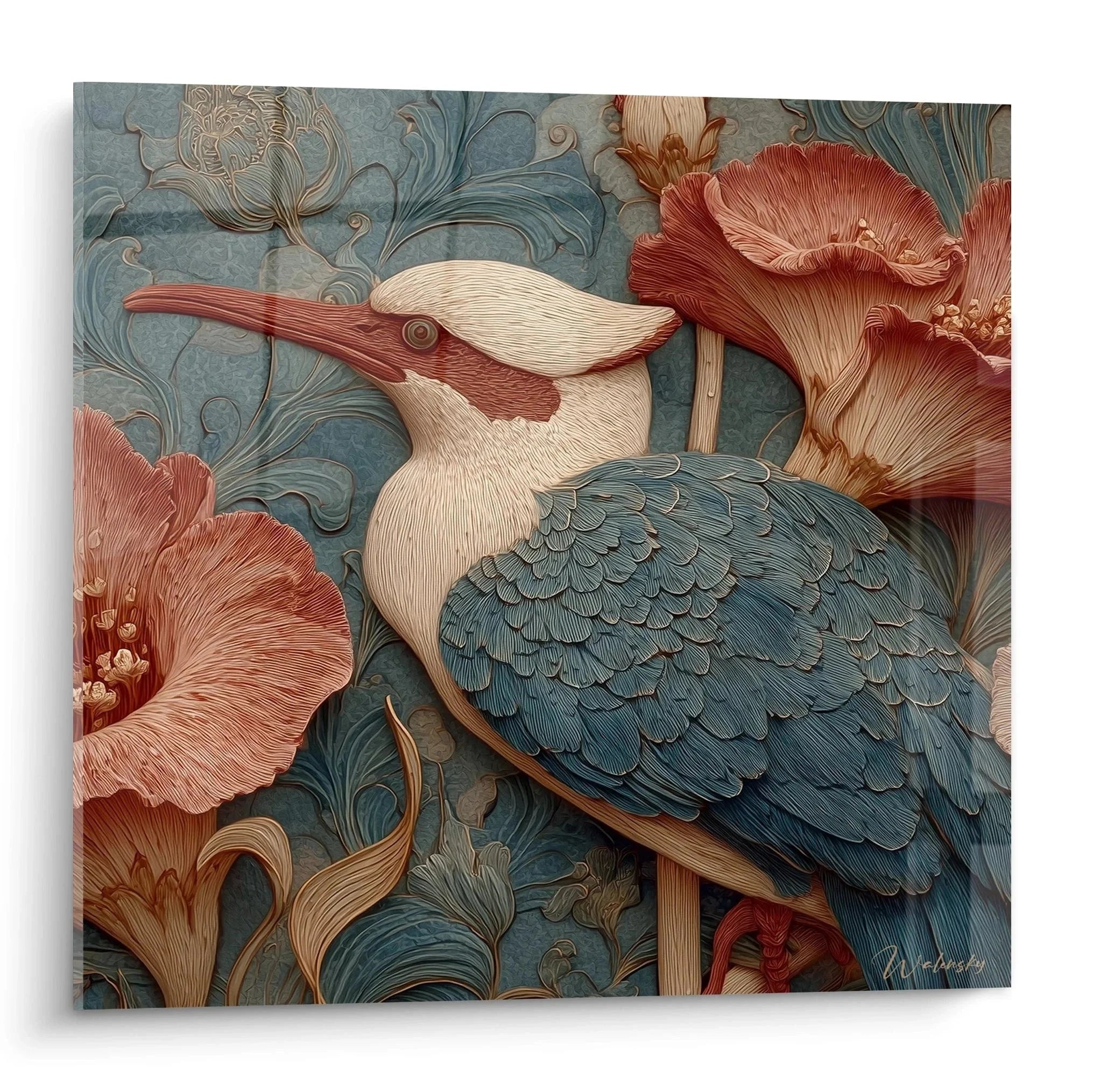 Wandbild Eisvogel Jugendstil mit floralen Ornamenten in türkis und koralle Farbtönen Art Nouveau