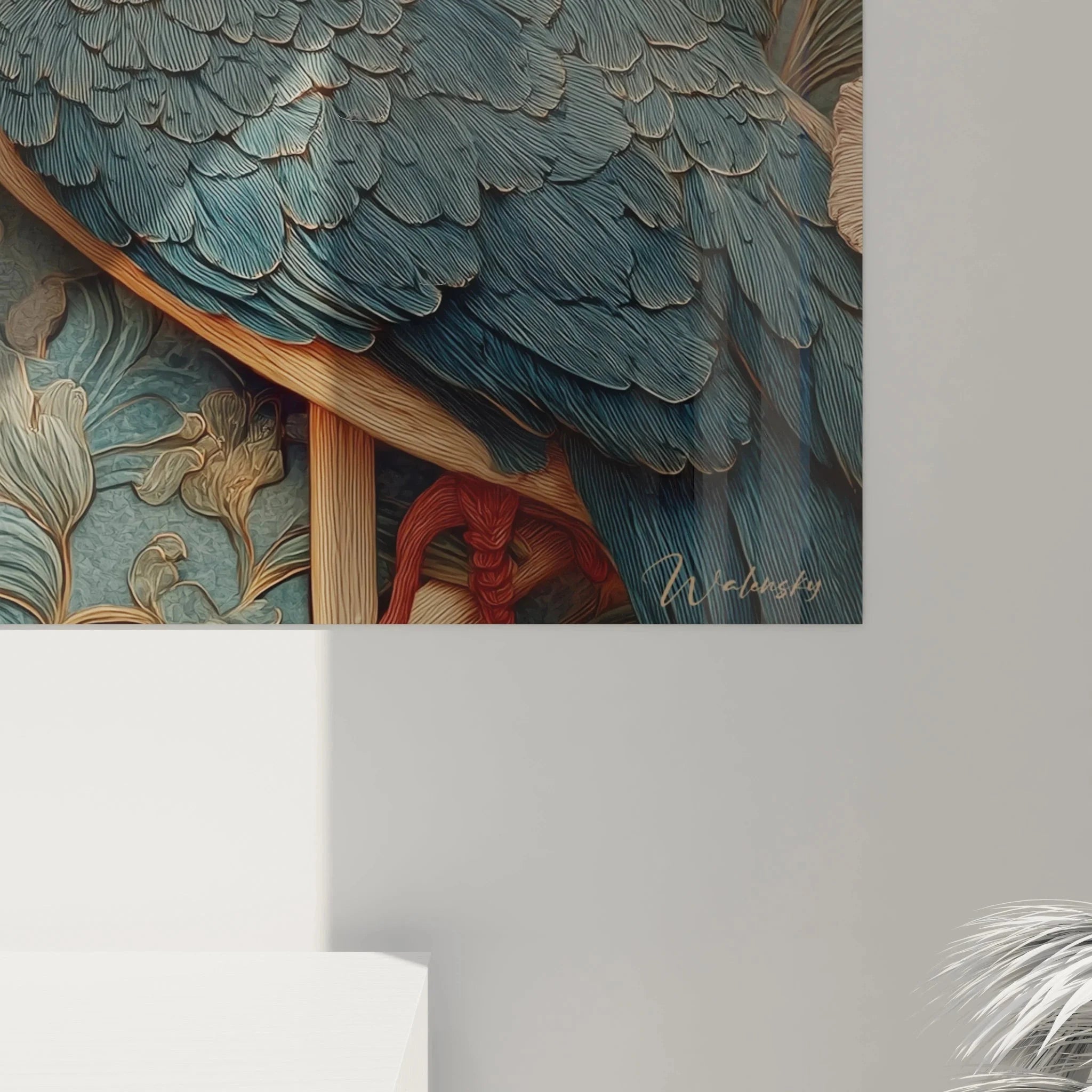 Gesamtansicht Wandbild Eisvogel Jugendstil mit kompletter floraler Komposition und dekorativen Elementen