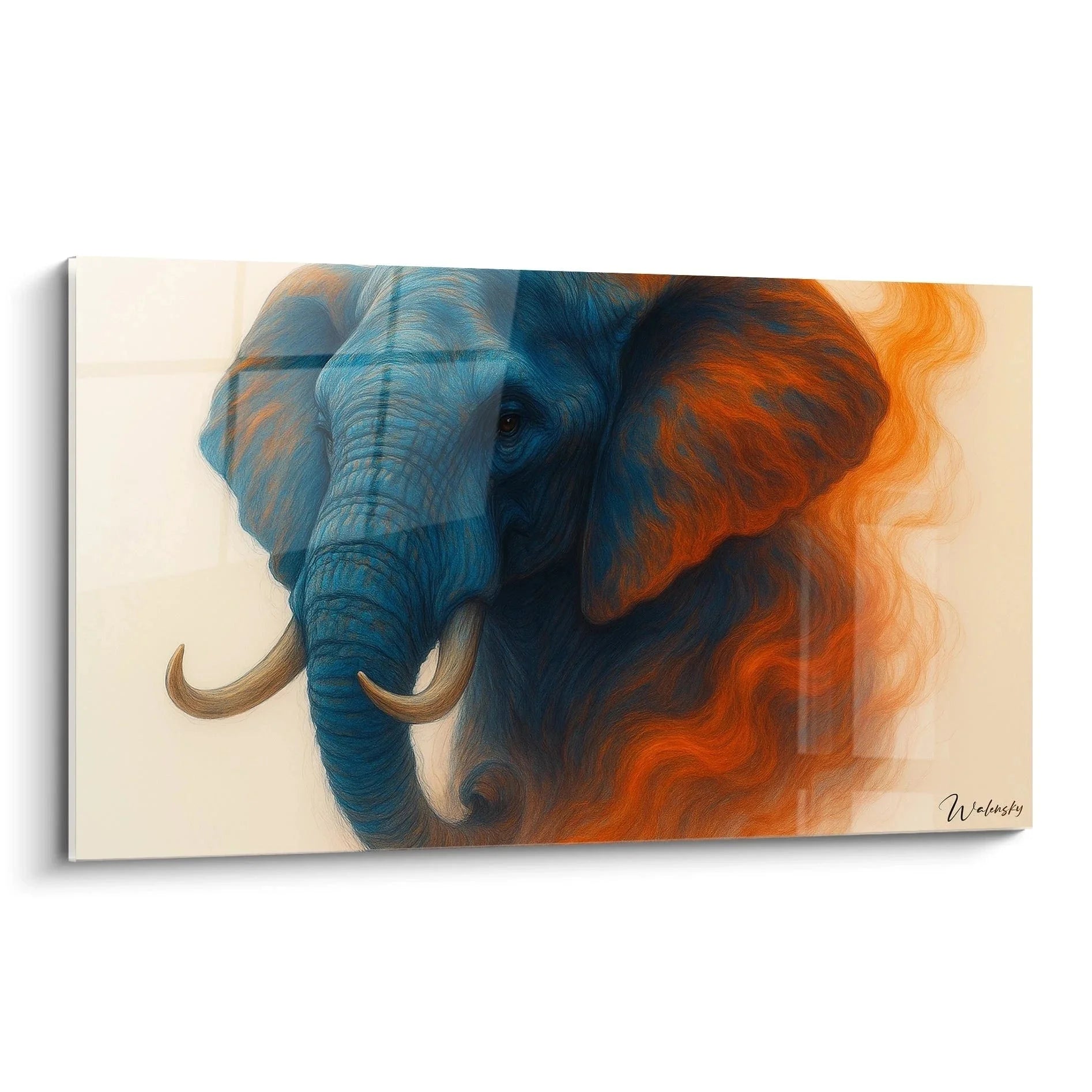 Wandbild Elefant in Blau-Orange Farbgebung, künstlerische Darstellung mit Feuer-Eis Kontrasten