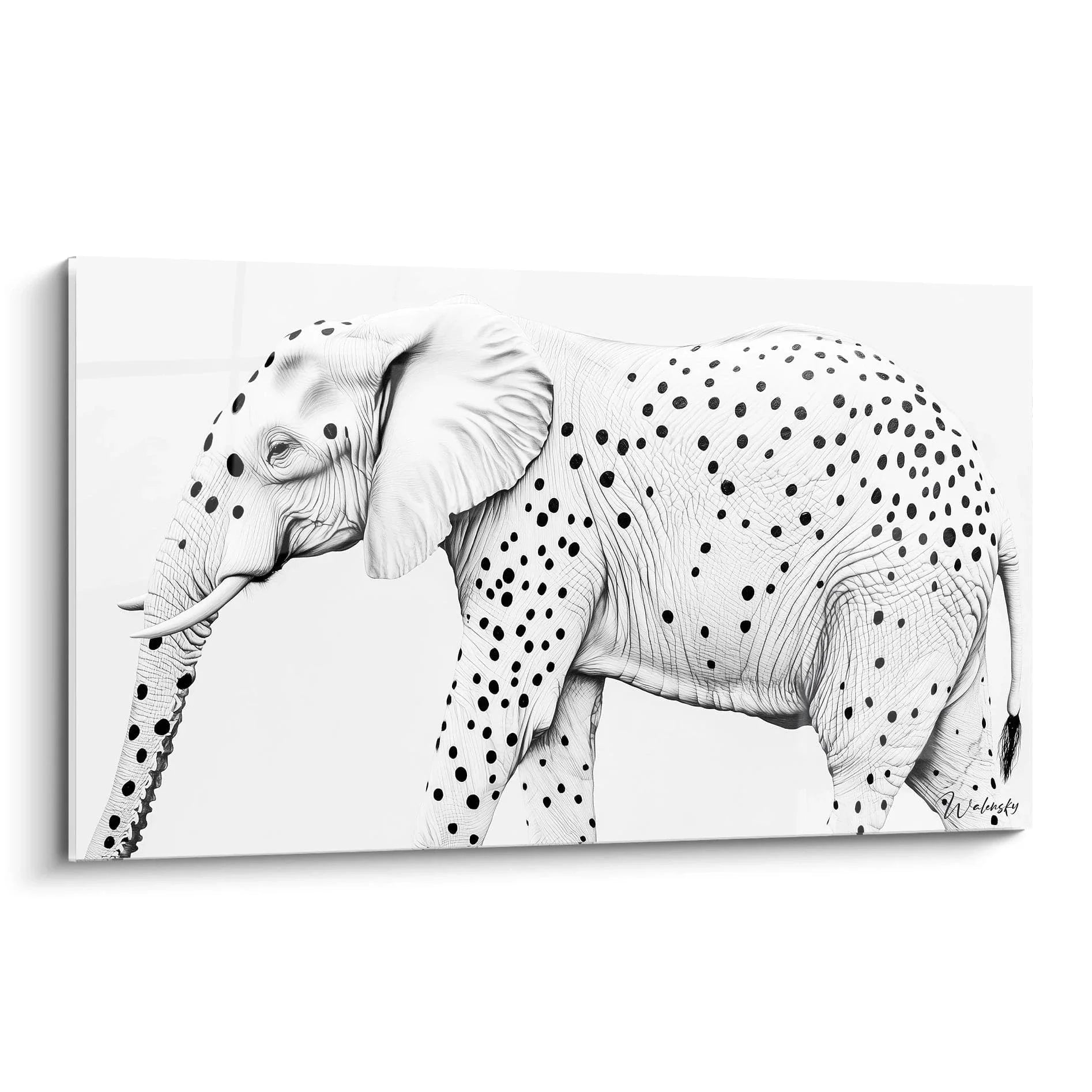 Wandbild Elefant mit Punktmuster in schwarz-weiß, moderne Tierkunst für stilvolle Wanddekoration