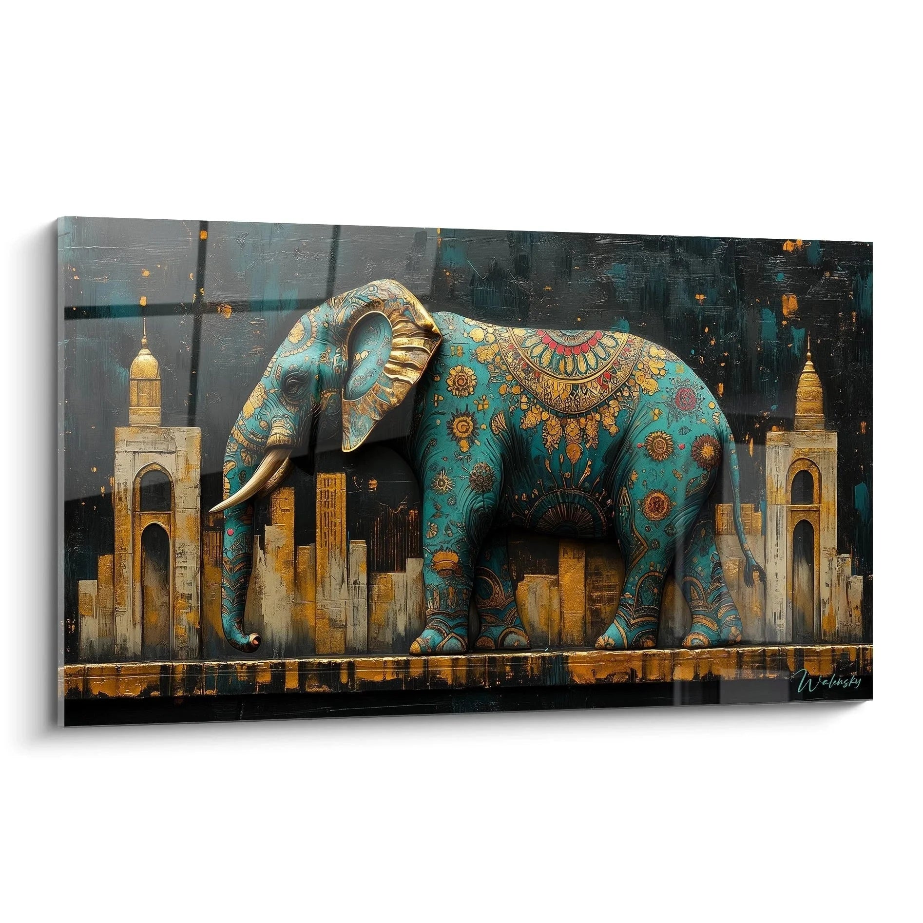 Wandbild Elefant mit ornamentalen Verzierungen vor Stadtsilhouette in türkis-gold Edition Elefant