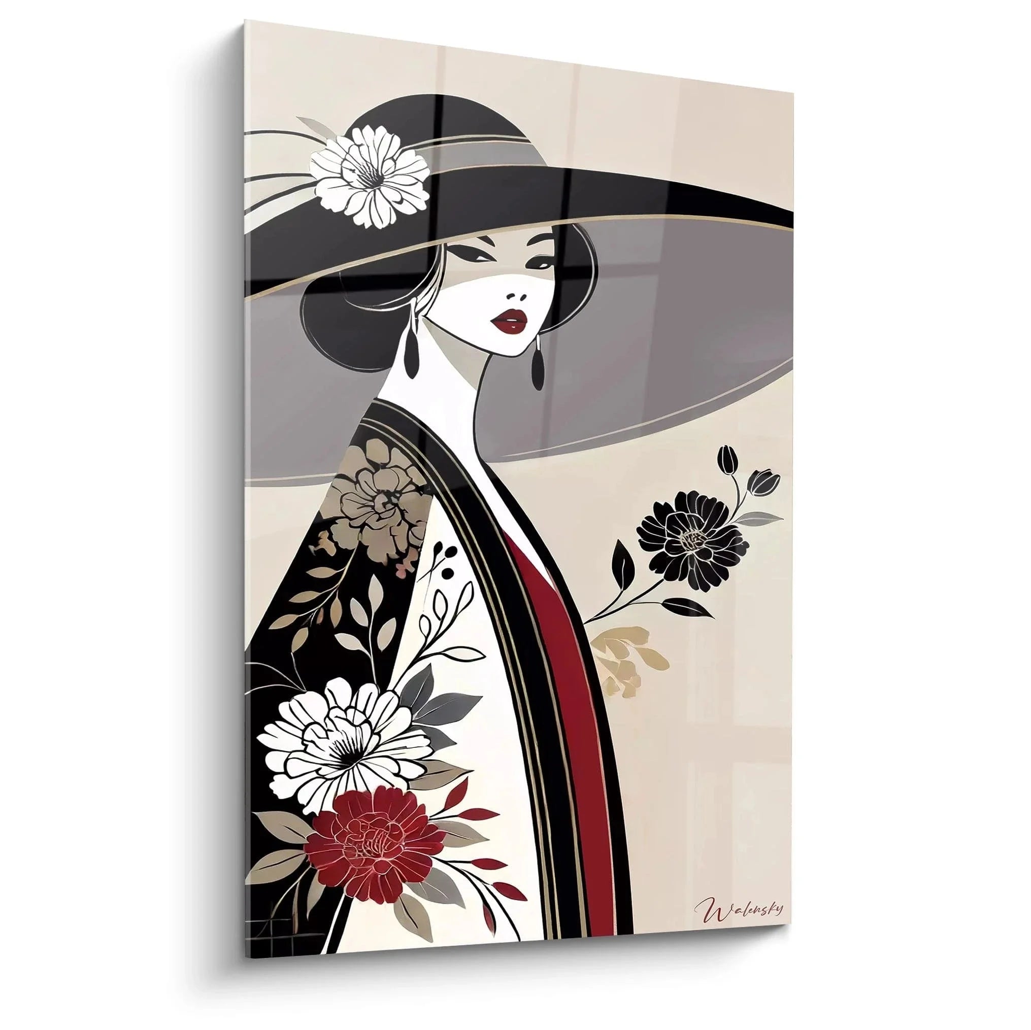 Elegantes Wandbild einer asiatischen Dame mit schwarzem Hut und Blütenschmuck in beige-schwarzer Farbharmonie