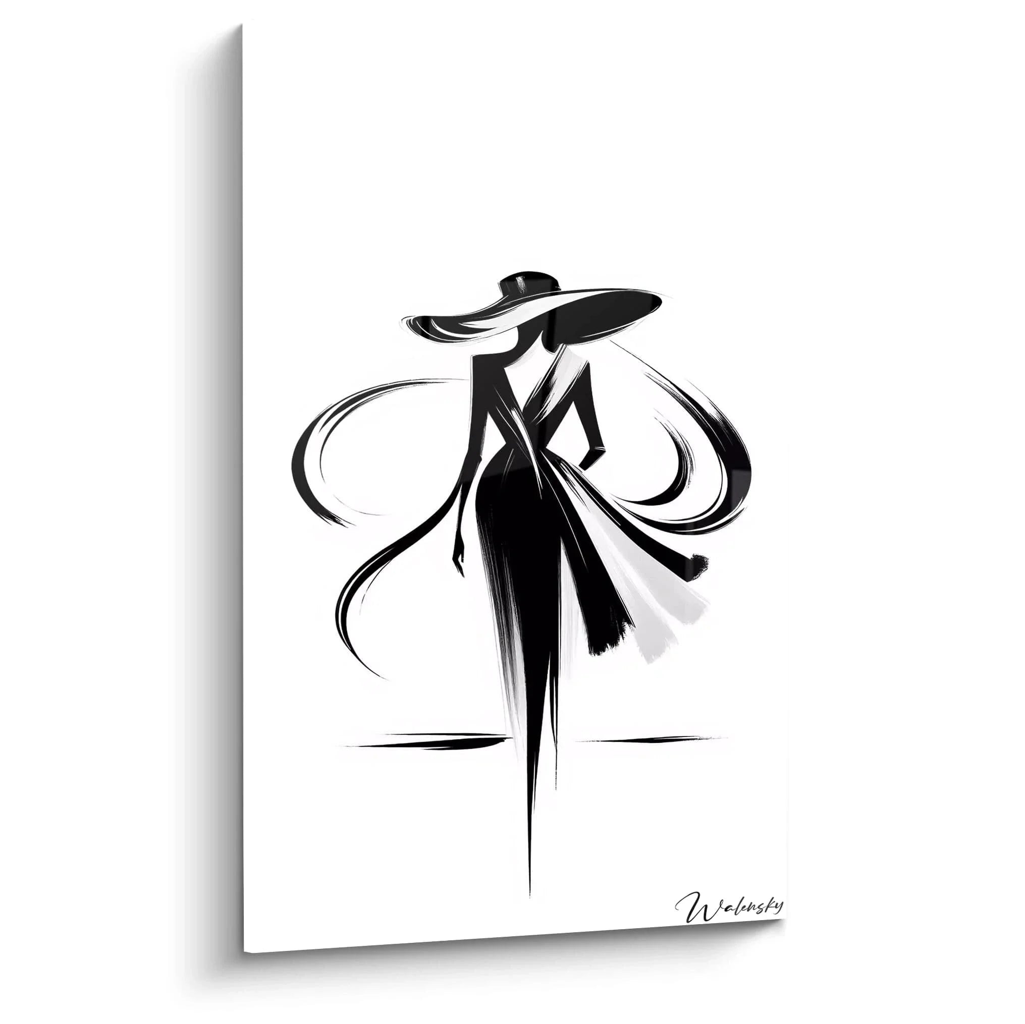 Elegante Dame Wandbild schwarz-weiß mit Hut und fließendem Kleid - moderne Wandkunst