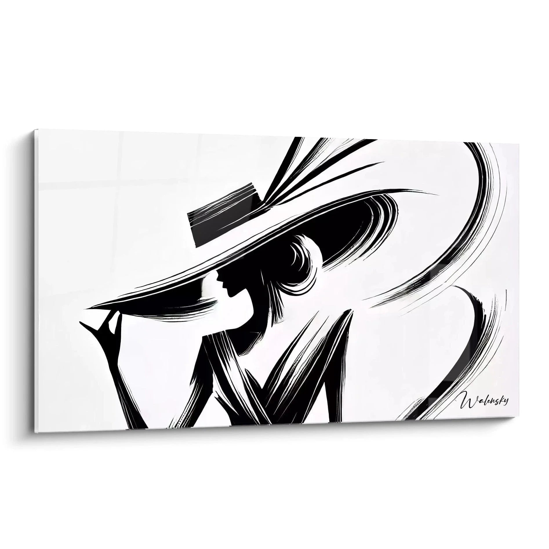 Wandbild elegante Dame mit Hut in Schwarz-Weiß, moderne Kunstdruck Silhouette