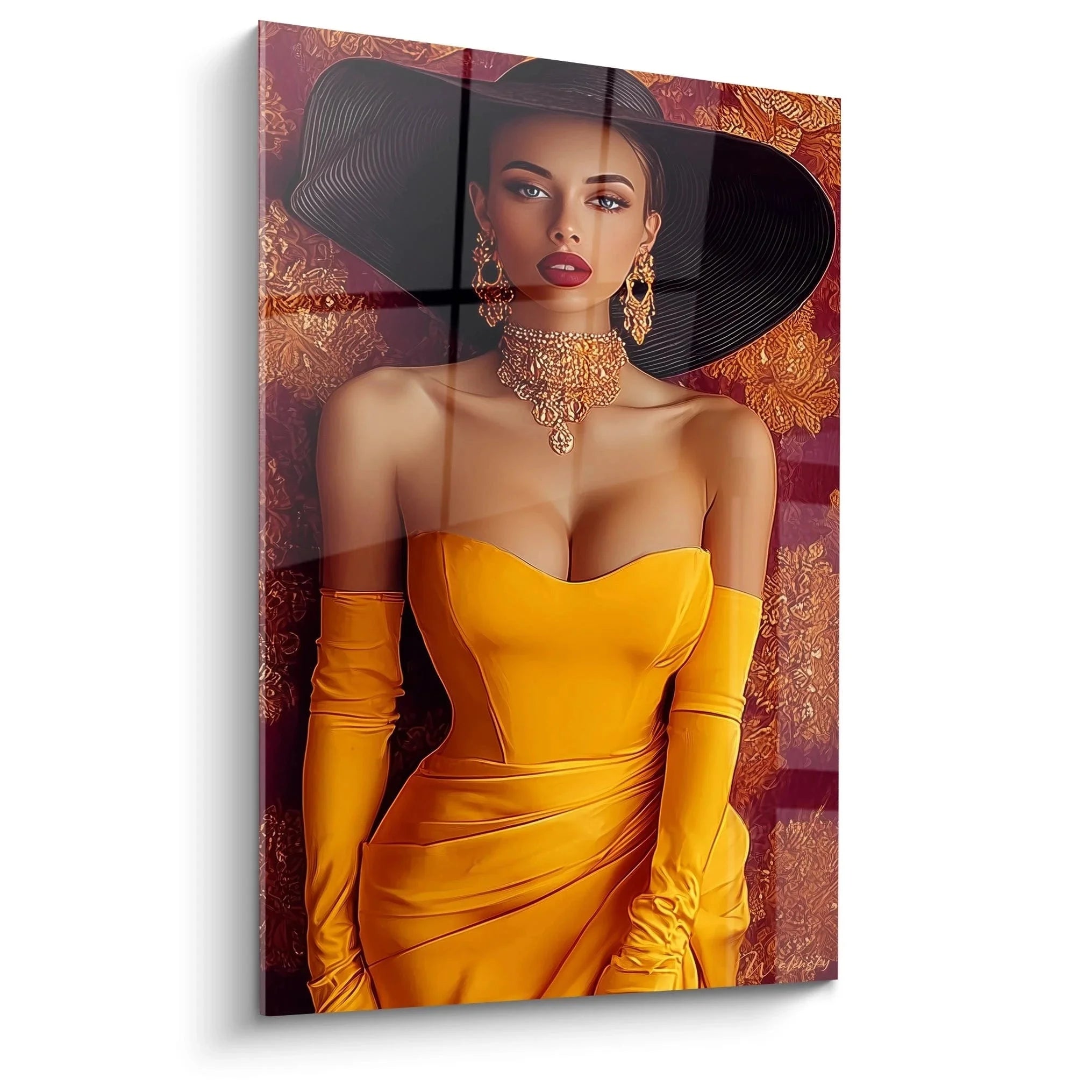 Wandbild elegante Dame mit schwarzem Hut und goldenem Kleid - Premium Glamour Kunstdruck