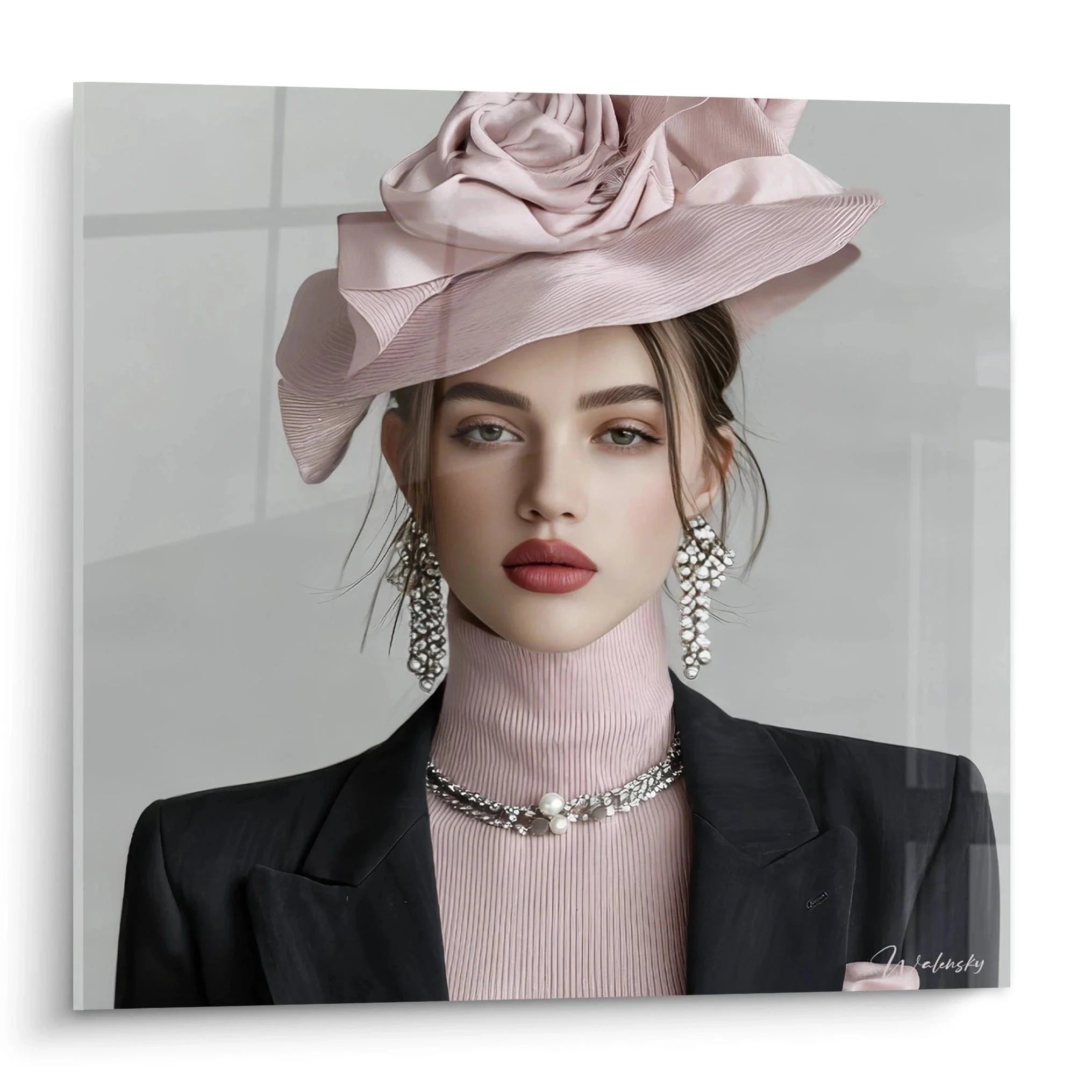 Wandbild elegante Frau mit rosa Hut und Diamantschmuck - Fashion Portrait Kunst