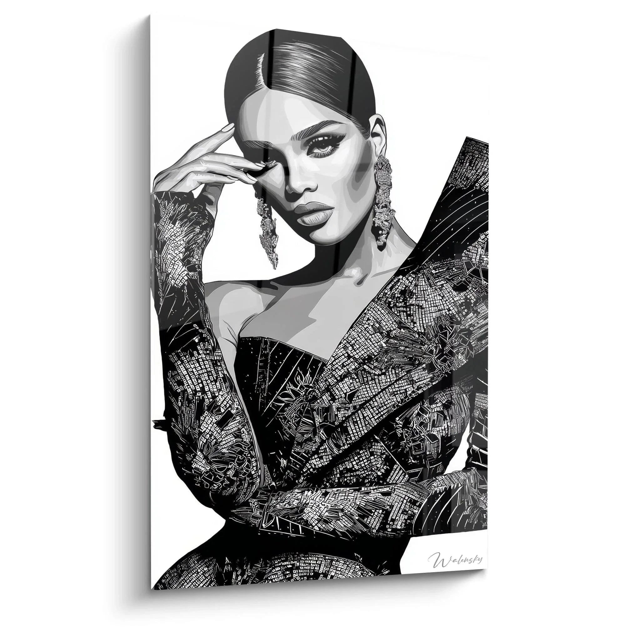 Wandbild elegante Frau schwarzweiß - glamouröses Fashion Portrait mit metallischer Jacke