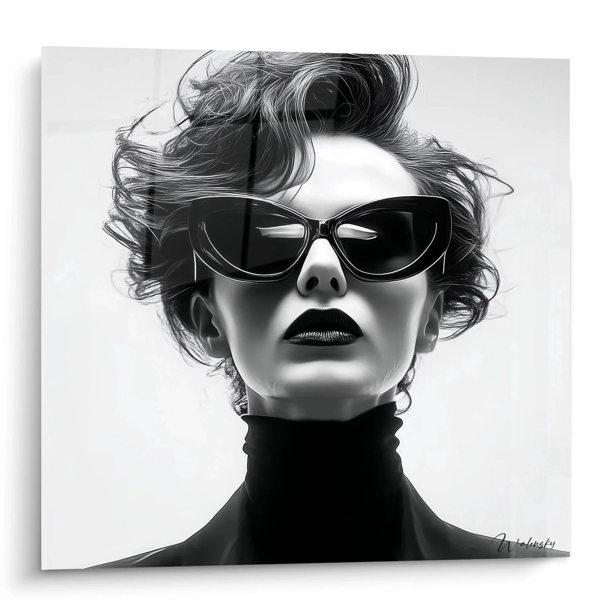 Wandbild elegante Frau mit Sonnenbrille schwarz-weiß Mode Portrait für Wohnzimmer