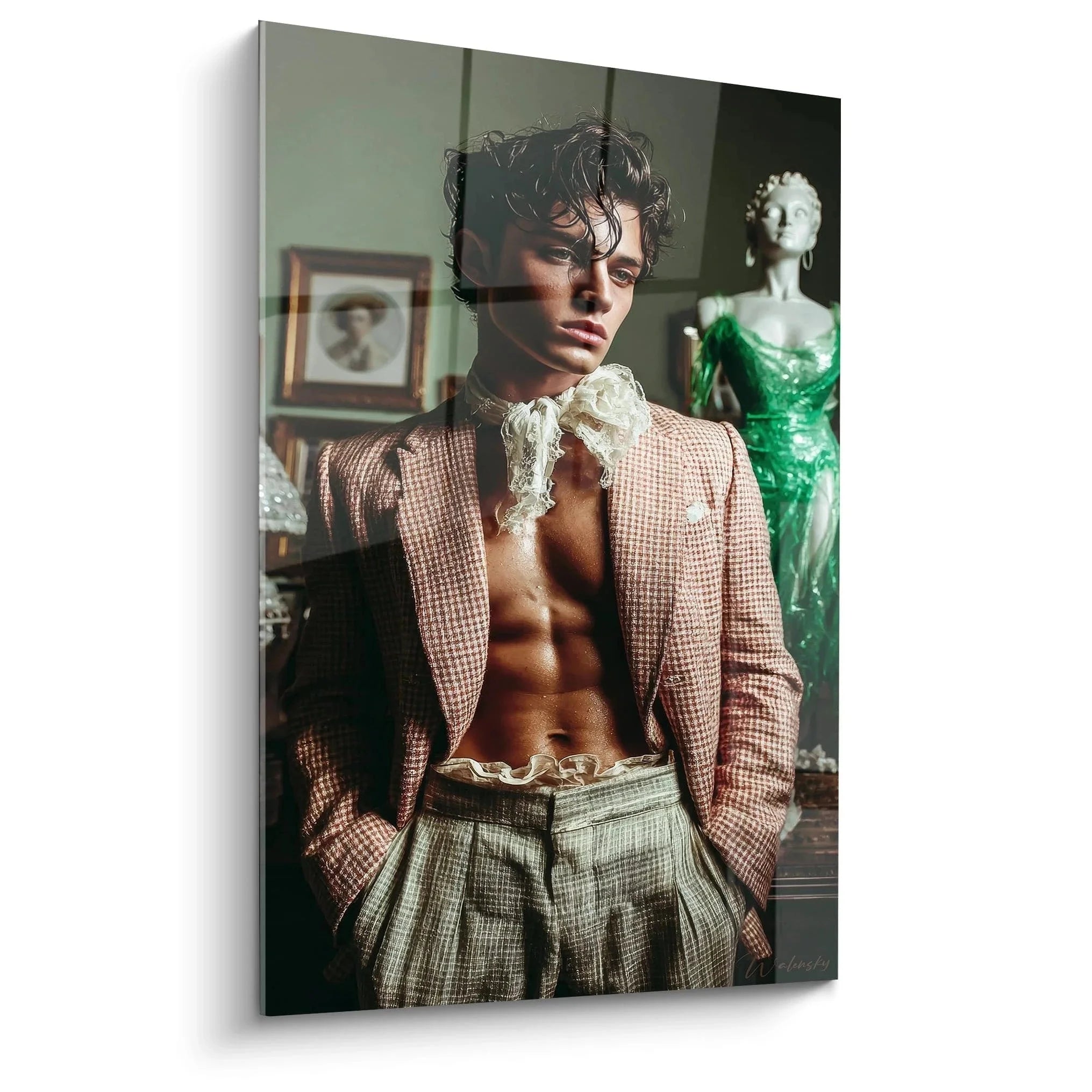 Wandbild eleganter Mann mit kariertem Sakko und Spitzenkrause in aristokratischem Ambiente - Männliche Schönheit