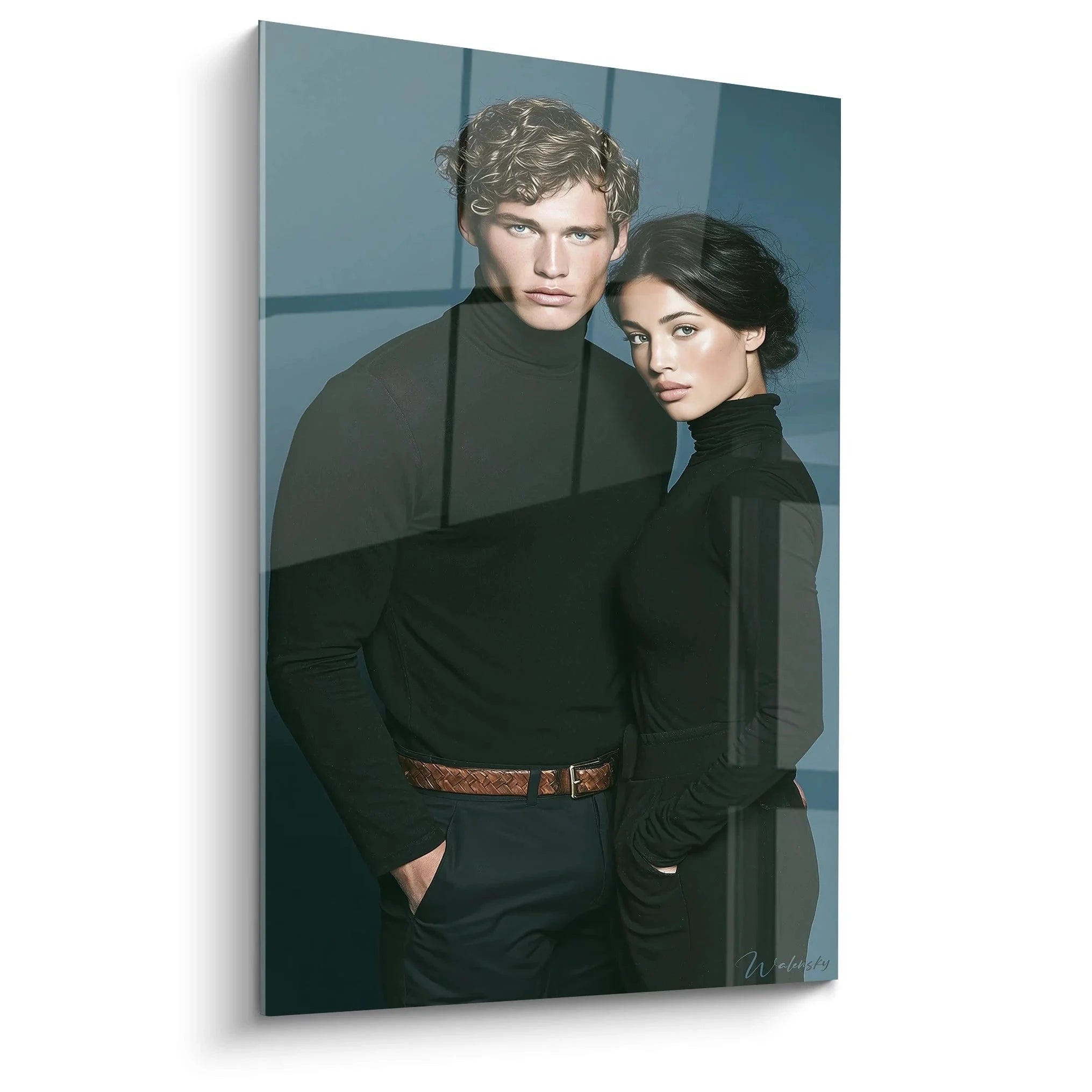 Wandbild elegantes Männerpaar in schwarzer Kleidung, moderne männliche Schönheit Kunstdruck