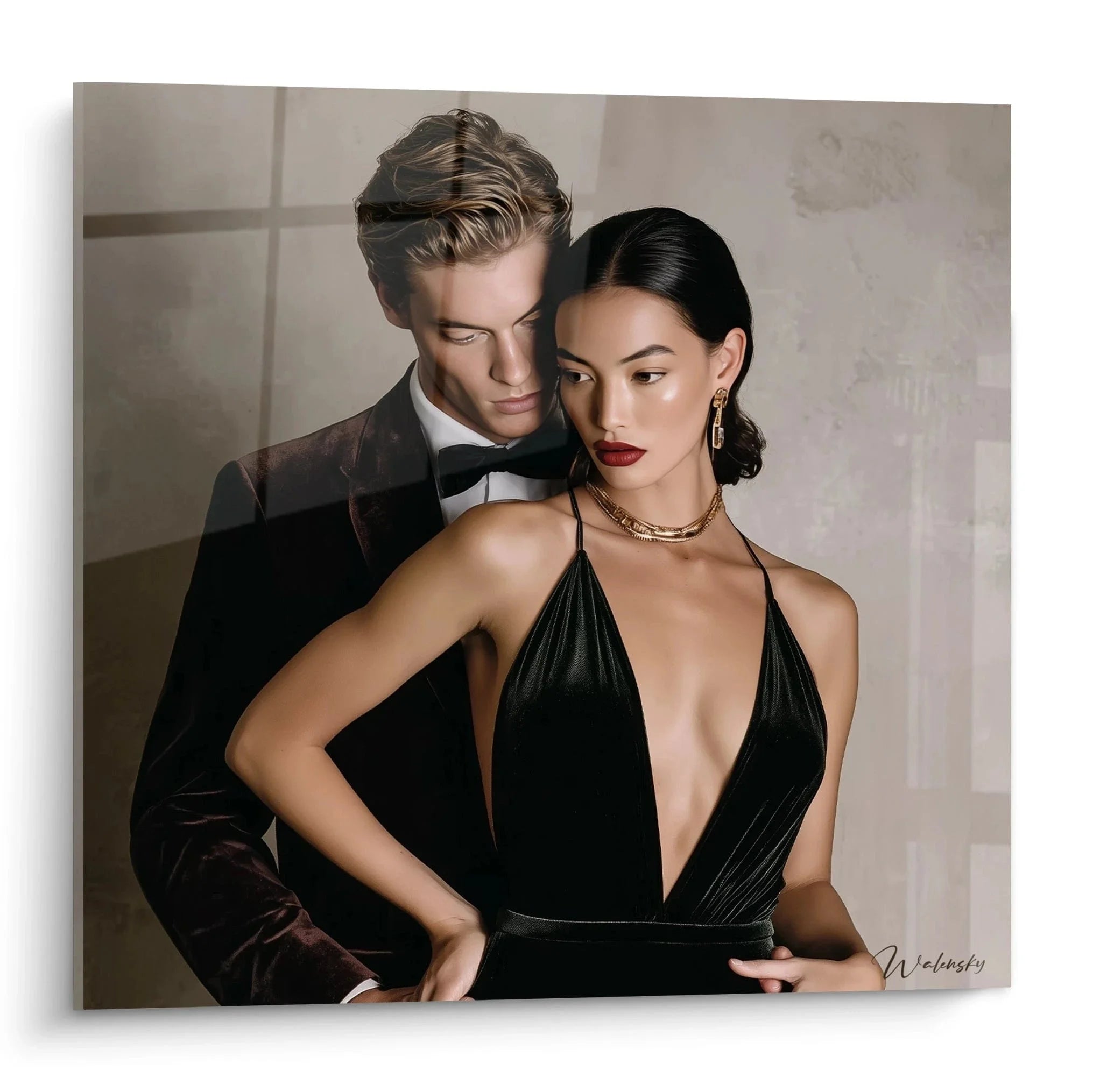 Wandbild elegantes Paar in schwarzer Abendgarderobe, Mann im Smoking mit Frau in schwarzem Kleid, Premium Kunstdruck