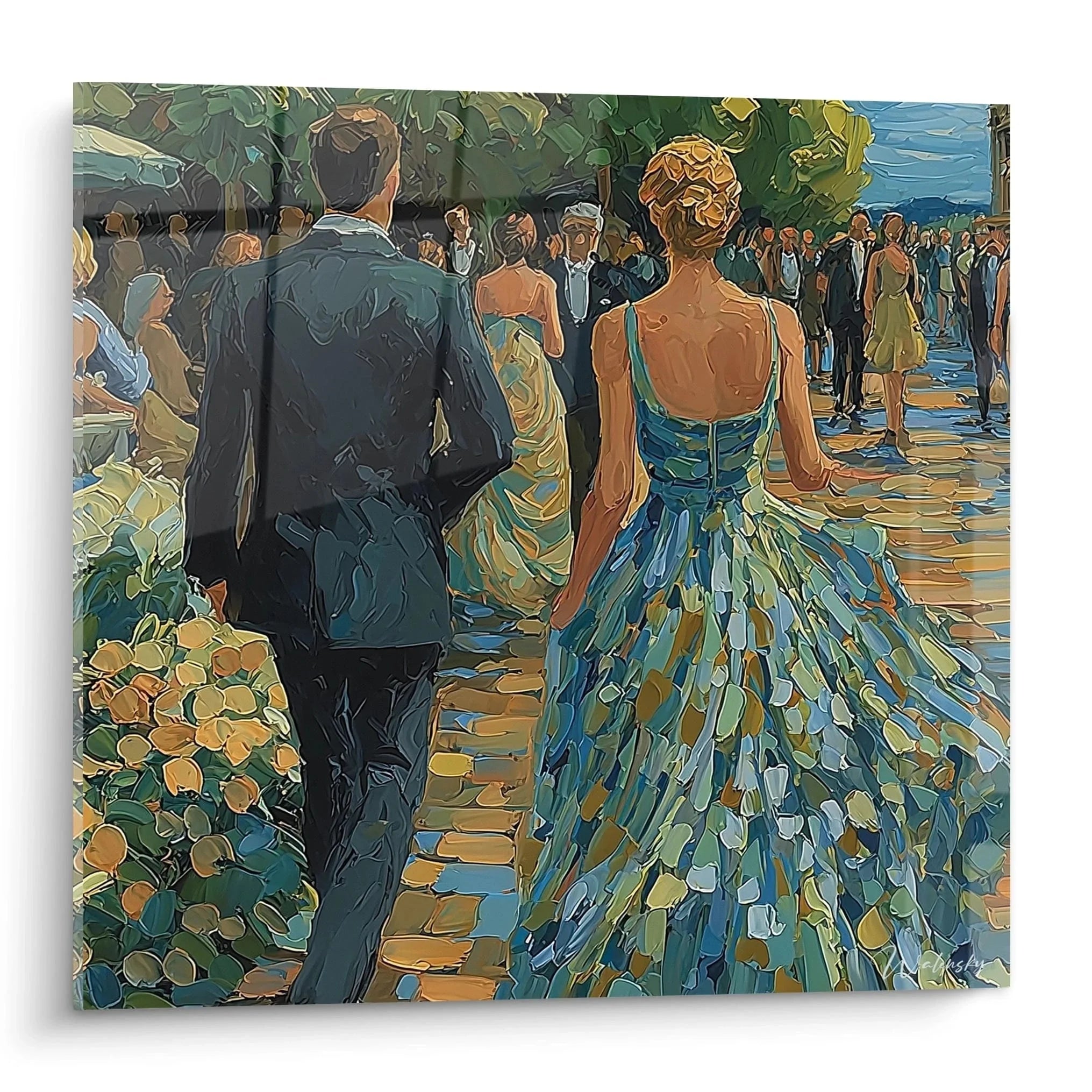 Wandbild elegantes Paar in glamouröser Abendszene mit Dame im blauen Kleid und Herr im schwarzen Anzug