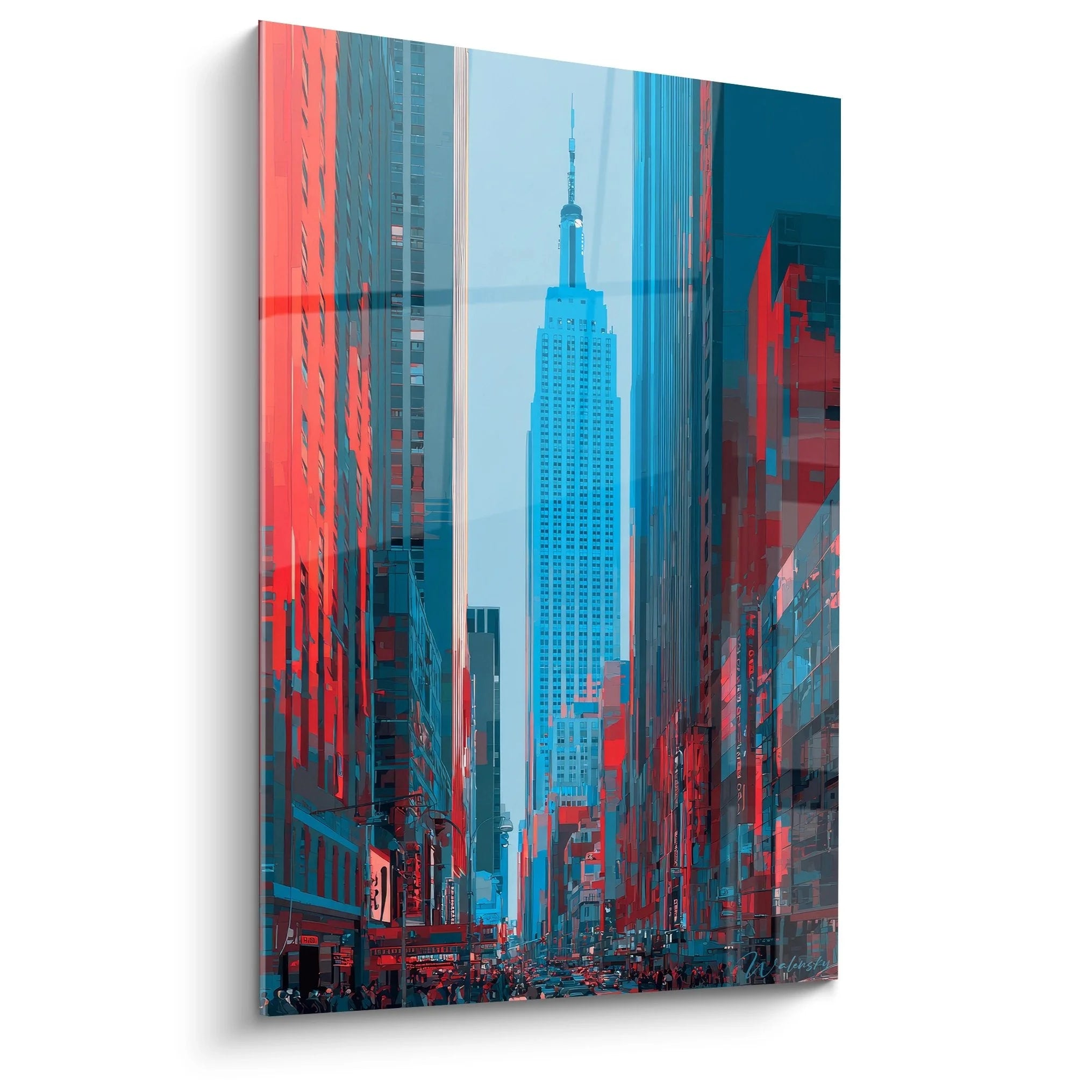 Wandbild Empire State Building in blau-roter Farbgebung durch Manhattan Straßenschlucht