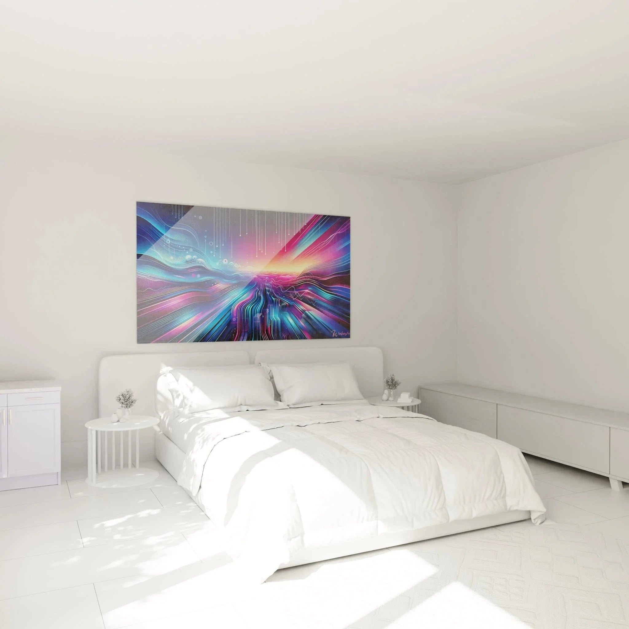 Modernes abstraktes Wandbild mit Energiefluss in Schlafzimmer Atmosphäre für zeitgenössische Raumgestaltung
