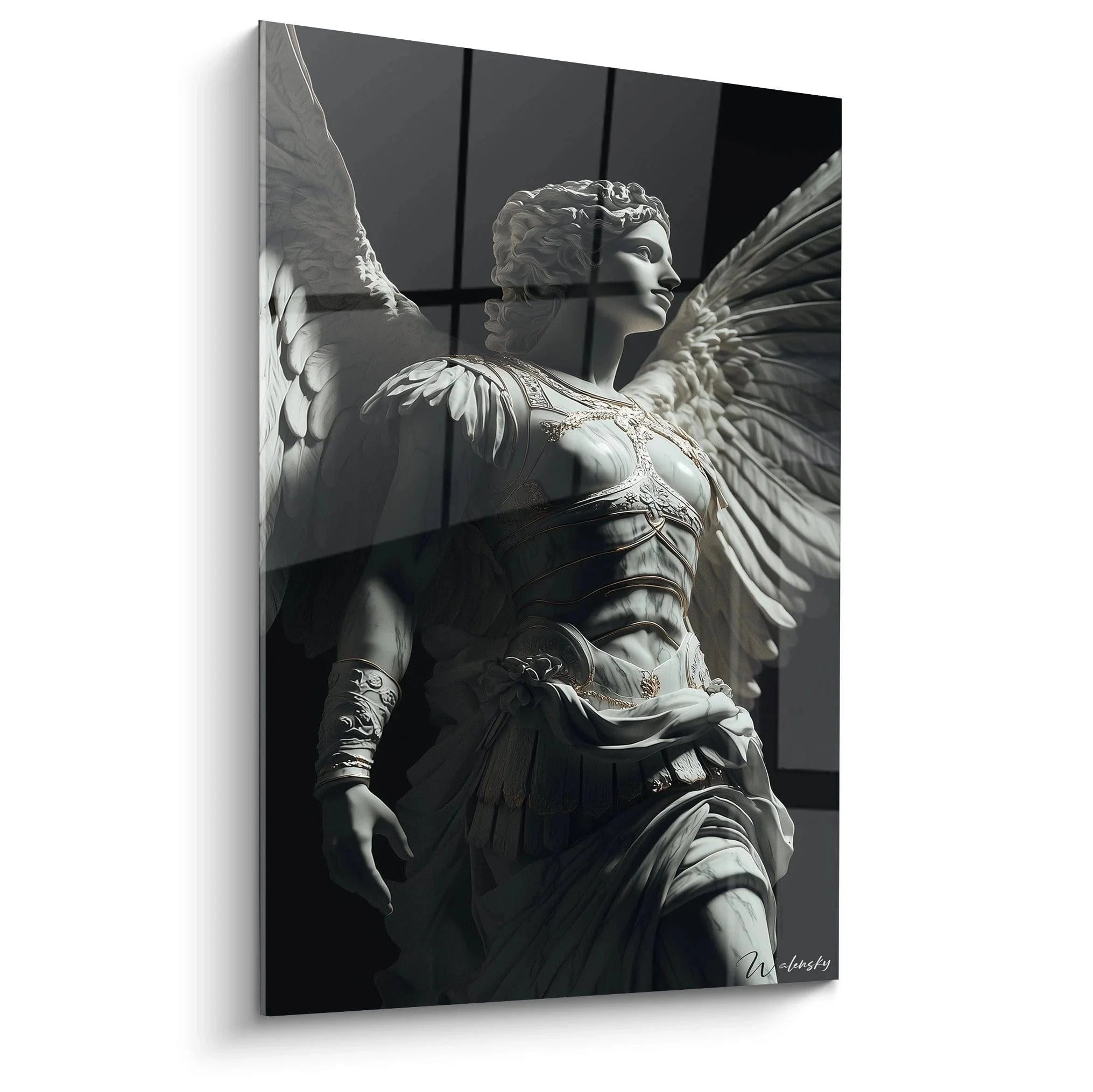 Wandbild Engel Krieger schwarz-weiß - majestätischer Erzengel mit ausgebreiteten Flügeln in Premium Qualität