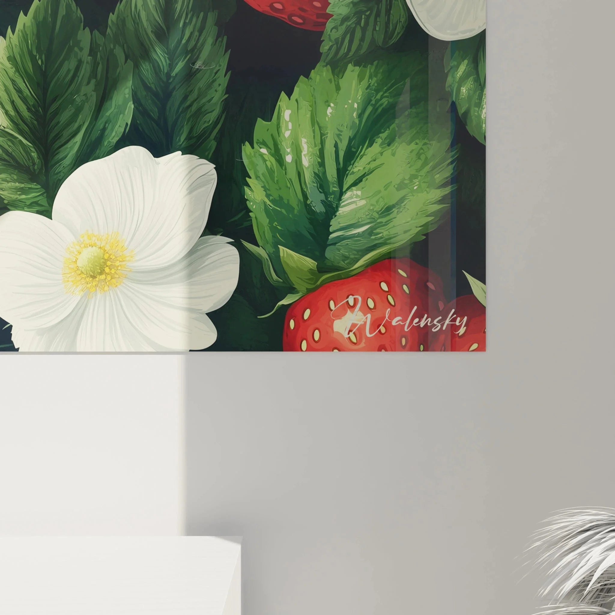 Übersicht Wandbild Erdbeeren XXL - komplette botanische Komposition mit Früchten und Blättern