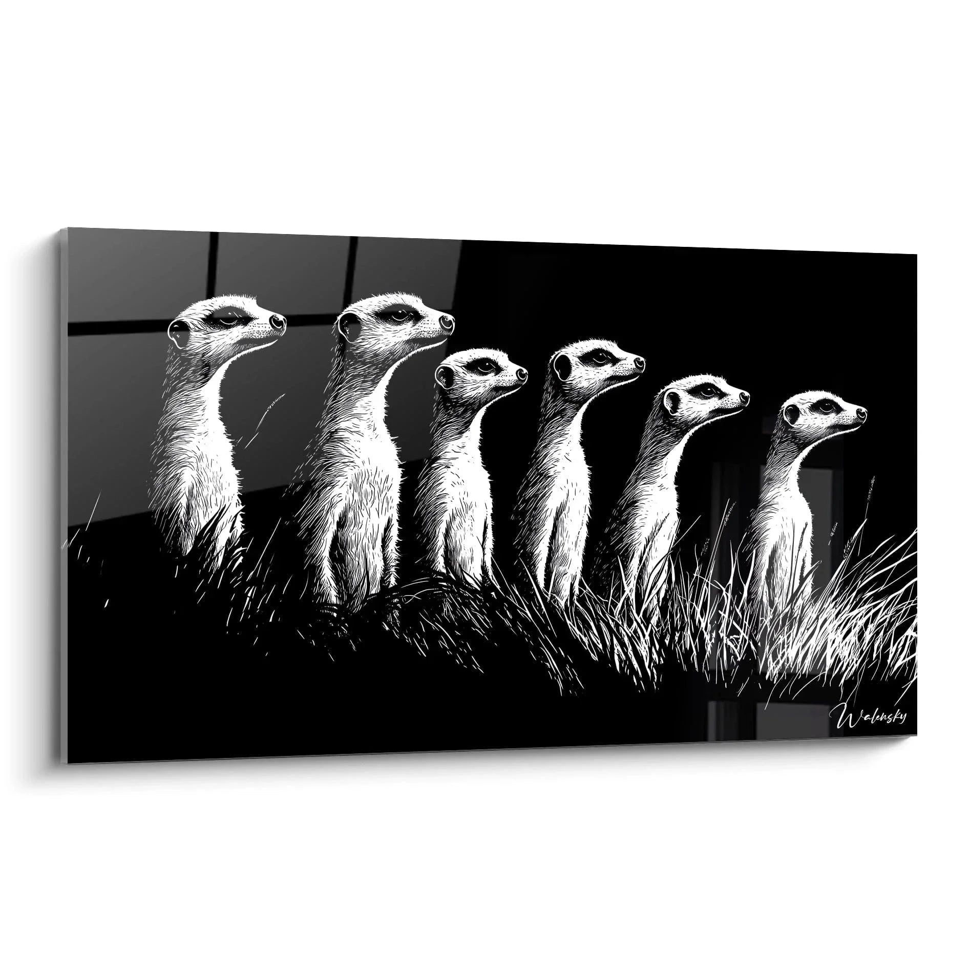 Wandbild sechs Erdmännchen schwarz-weiß Aufrechte Haltung Savanne Tierfotografie Kunstdruck