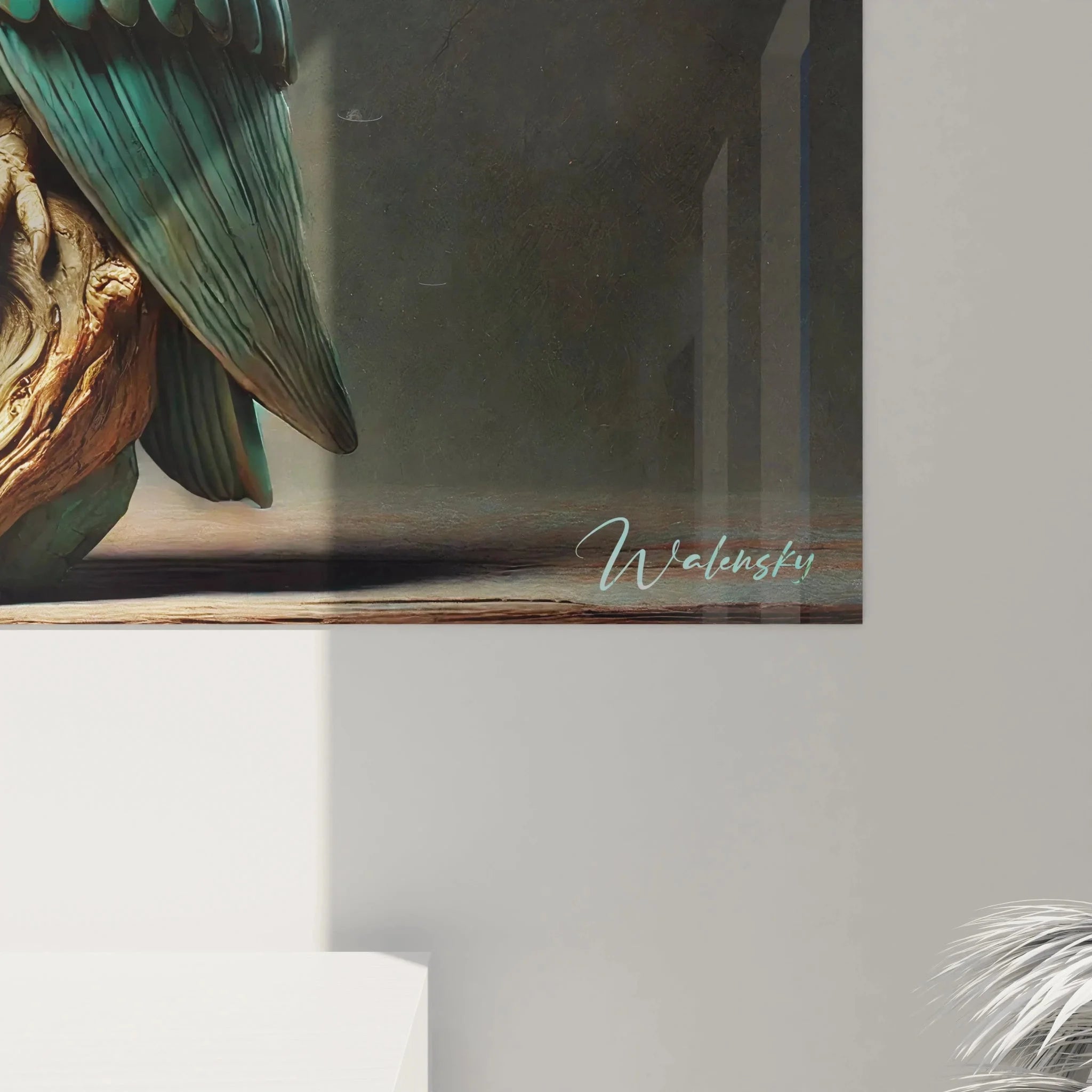 Gesamtansicht Wandbild Eulen Paar türkis Steinoptik in modernem Wohnambiente