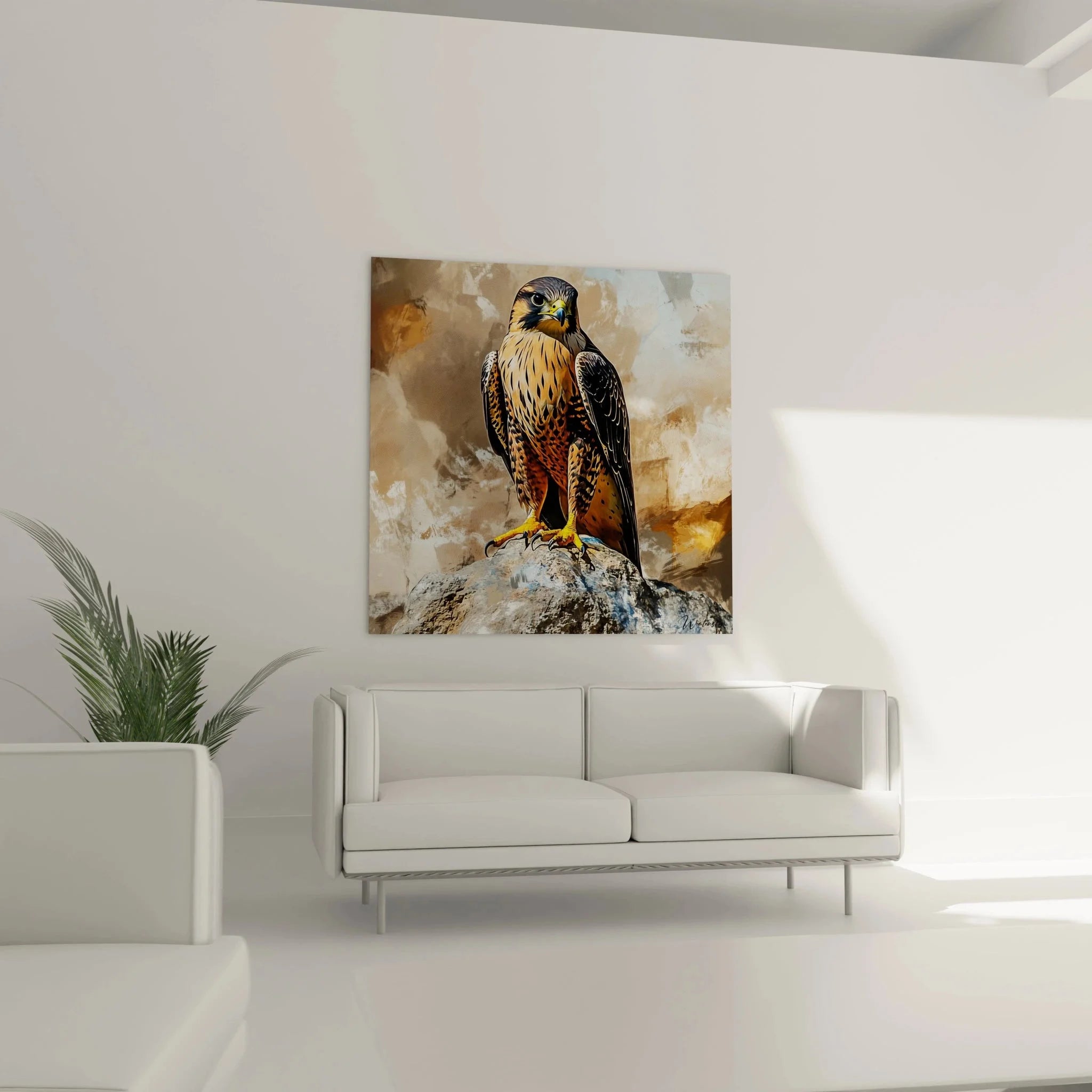 Detail Wandbild Falke - Nahaufnahme des majestätischen Raubvogels mit gelbem Schnabel und Krallen