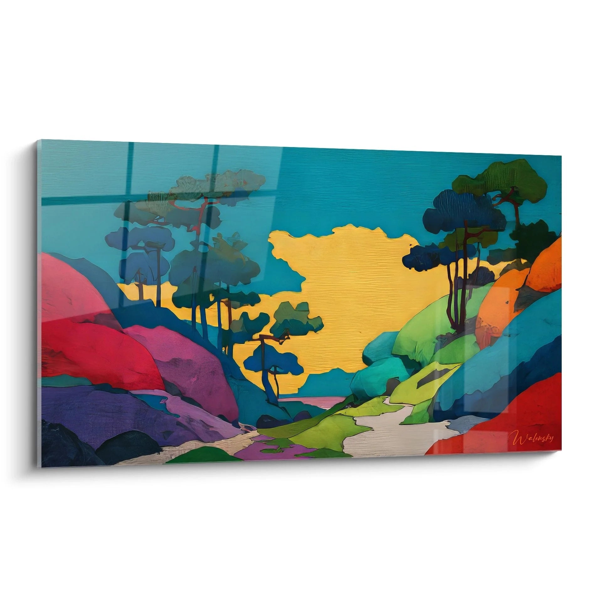 Wandbild Fantasielandschaft mit bunten Bergen und Bäumen in leuchtenden Farben - Edition Andere Landschaften