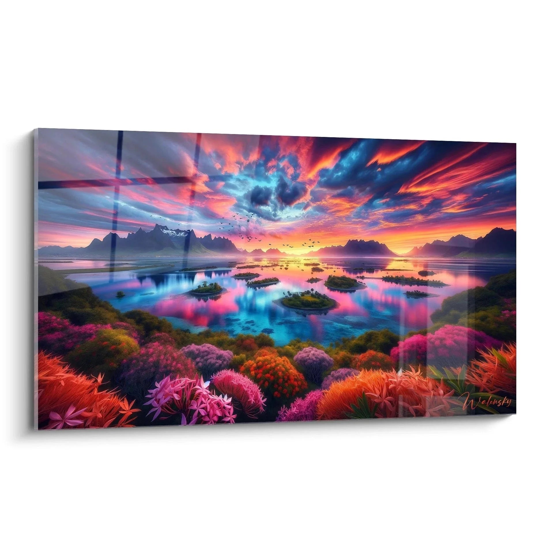Wandbild Fantasielandschaft mit magischem Himmel über kristallklarem See in leuchtenden Farben