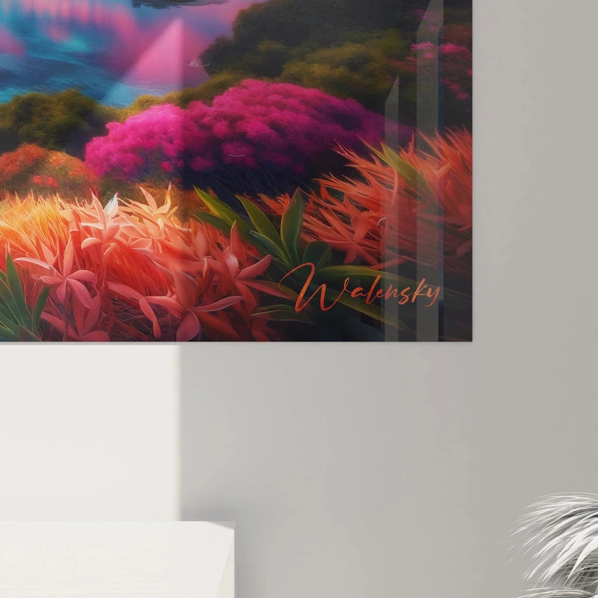 Gesamtansicht Wandbild Fantasielandschaft mit See, Bergen und farbenfrohem Himmel