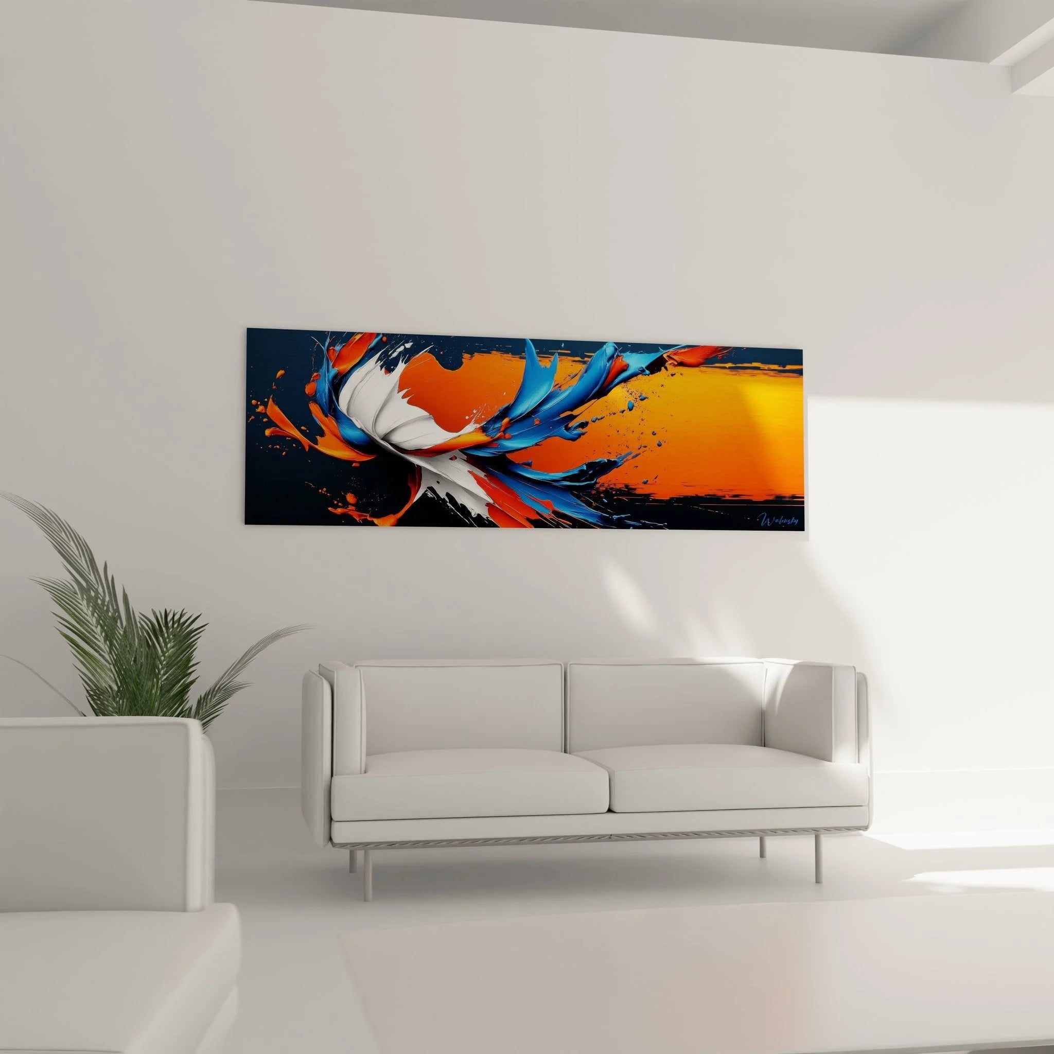 Detailansicht Wandbild abstrakte Farbexplosion, expressive Pinselstriche Orange Blau Weiß Nahaufnahme