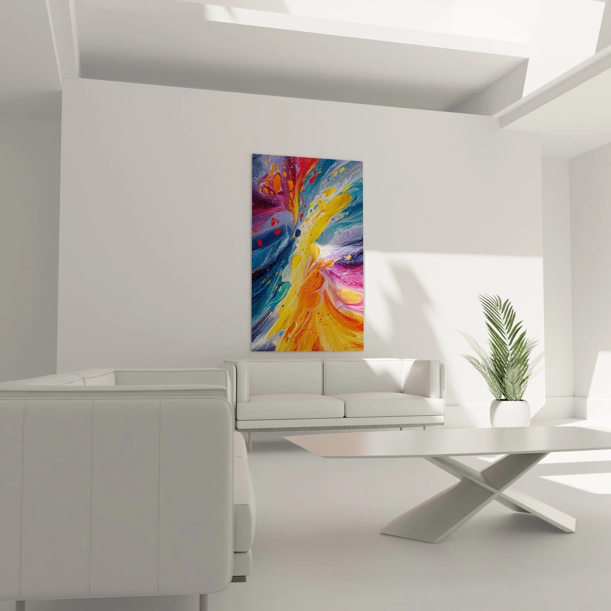 Detailansicht Wandbild Farbexplosion zeigt strukturierte Malerei-Optik und lebendige Farbübergänge