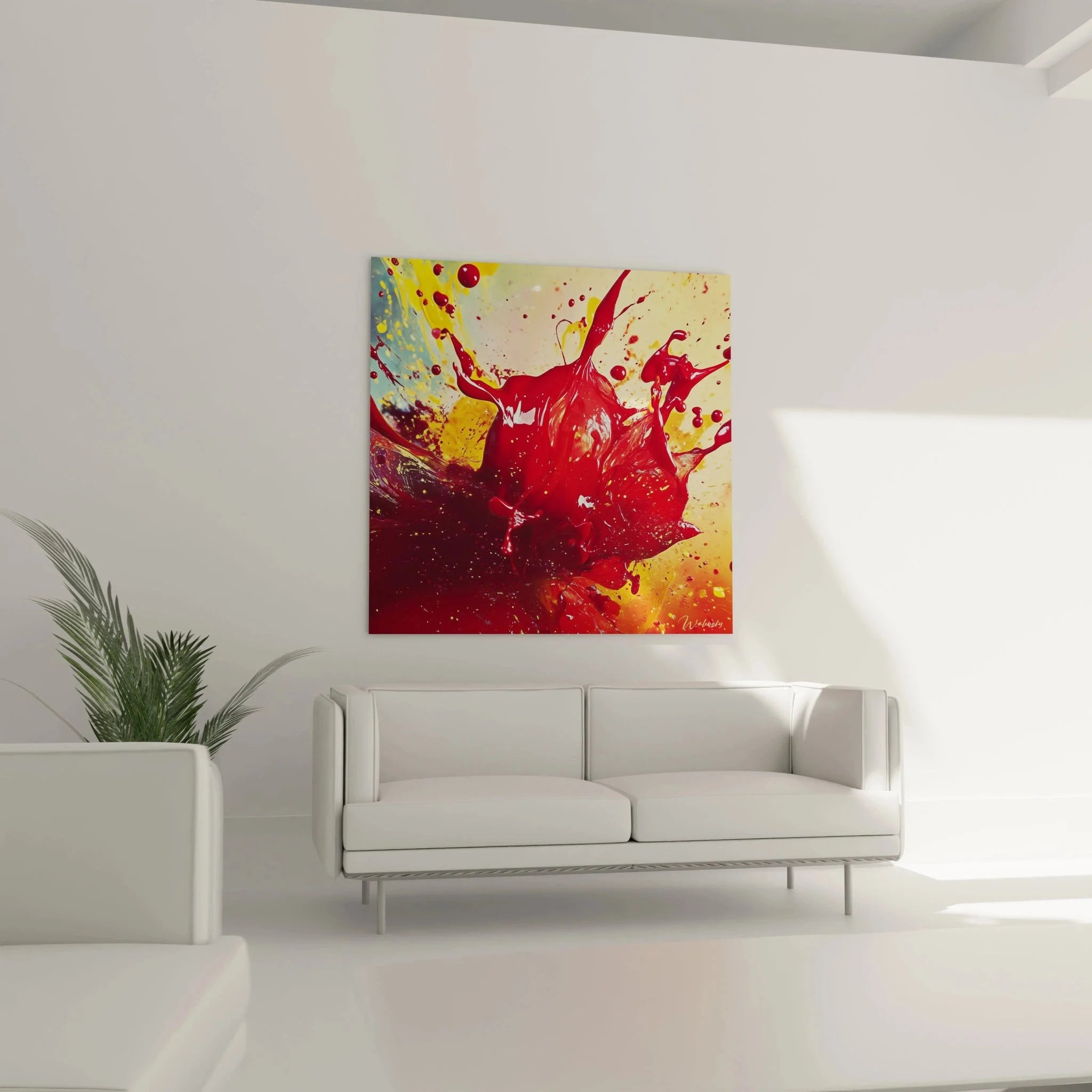 Detailansicht der roten Farbspritzer und expressiven Pinselstriche im Wandbild Expressionismus Stil