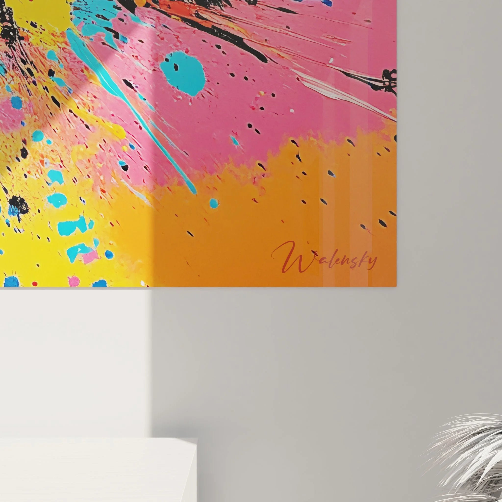 Gesamtansicht Wandbild Farbexplosion dynamische abstrakte Kunst energetische Spritzer Malerei-Optik